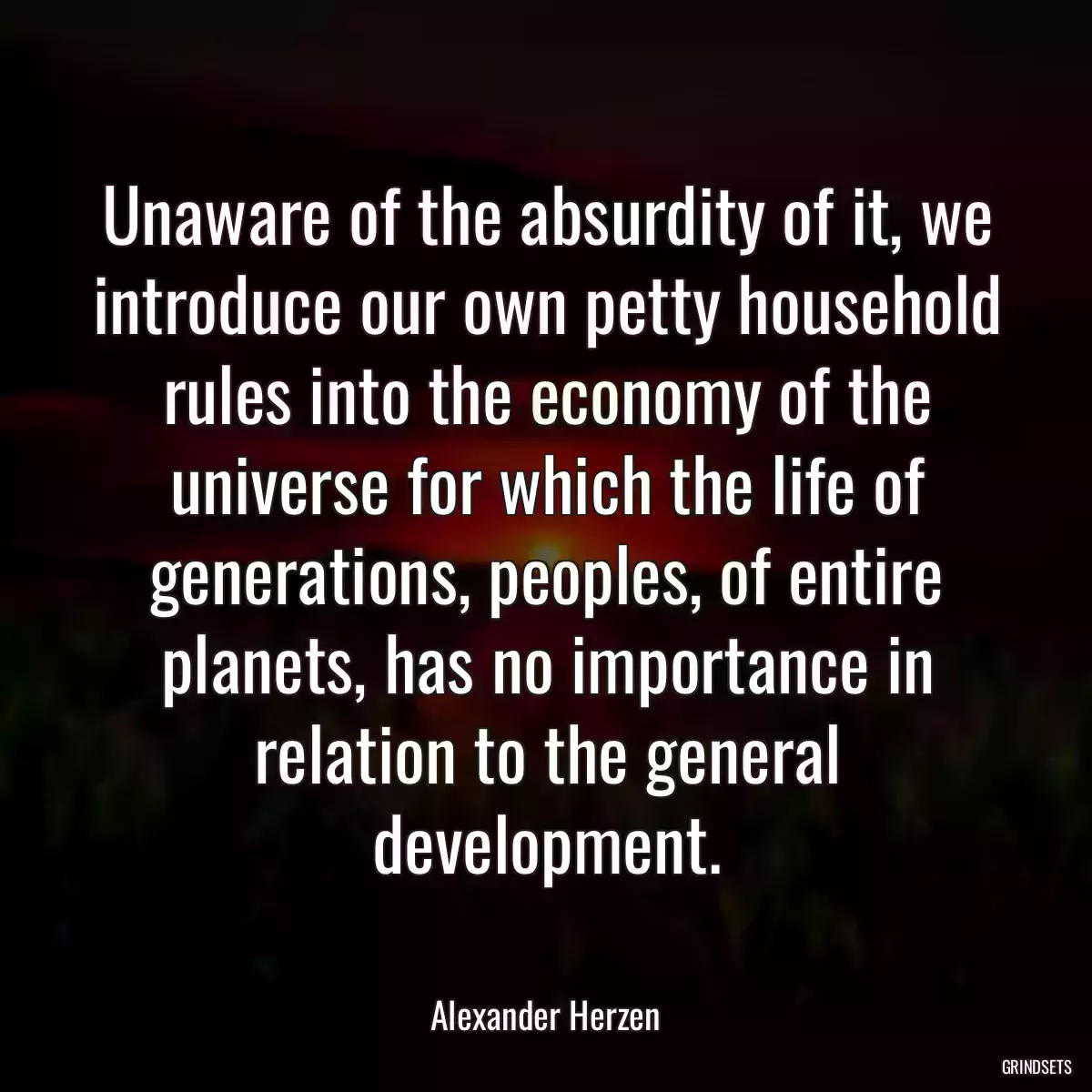 Unaware of the absurdity of it, we introduce our own petty household rules into the economy of the universe for which the life of generations, peoples, of entire planets, has no importance in relation to the general development.