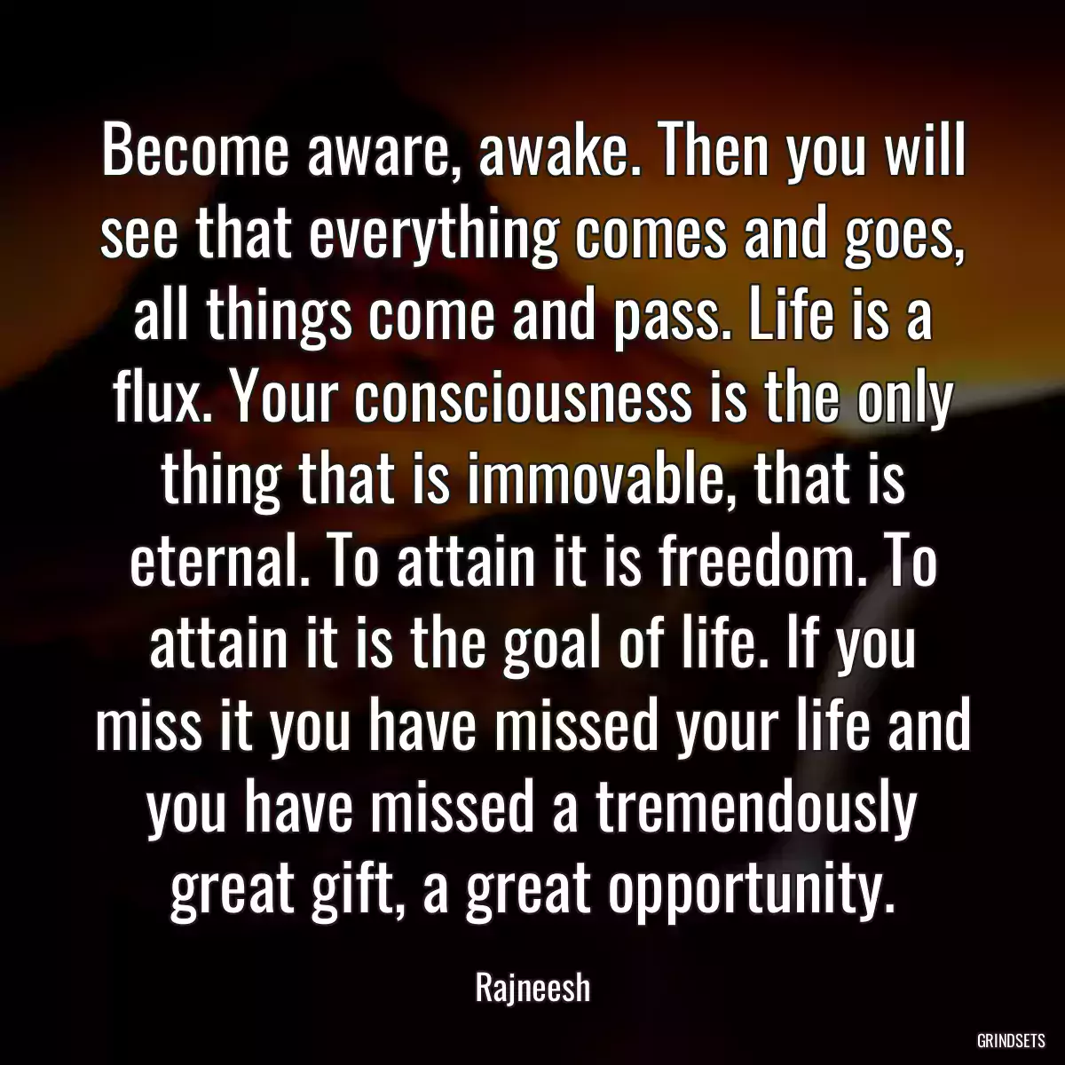 Become aware, awake. Then you will see that everything comes and goes, all things come and pass. Life is a flux. Your consciousness is the only thing that is immovable, that is eternal. To attain it is freedom. To attain it is the goal of life. If you miss it you have missed your life and you have missed a tremendously great gift, a great opportunity.