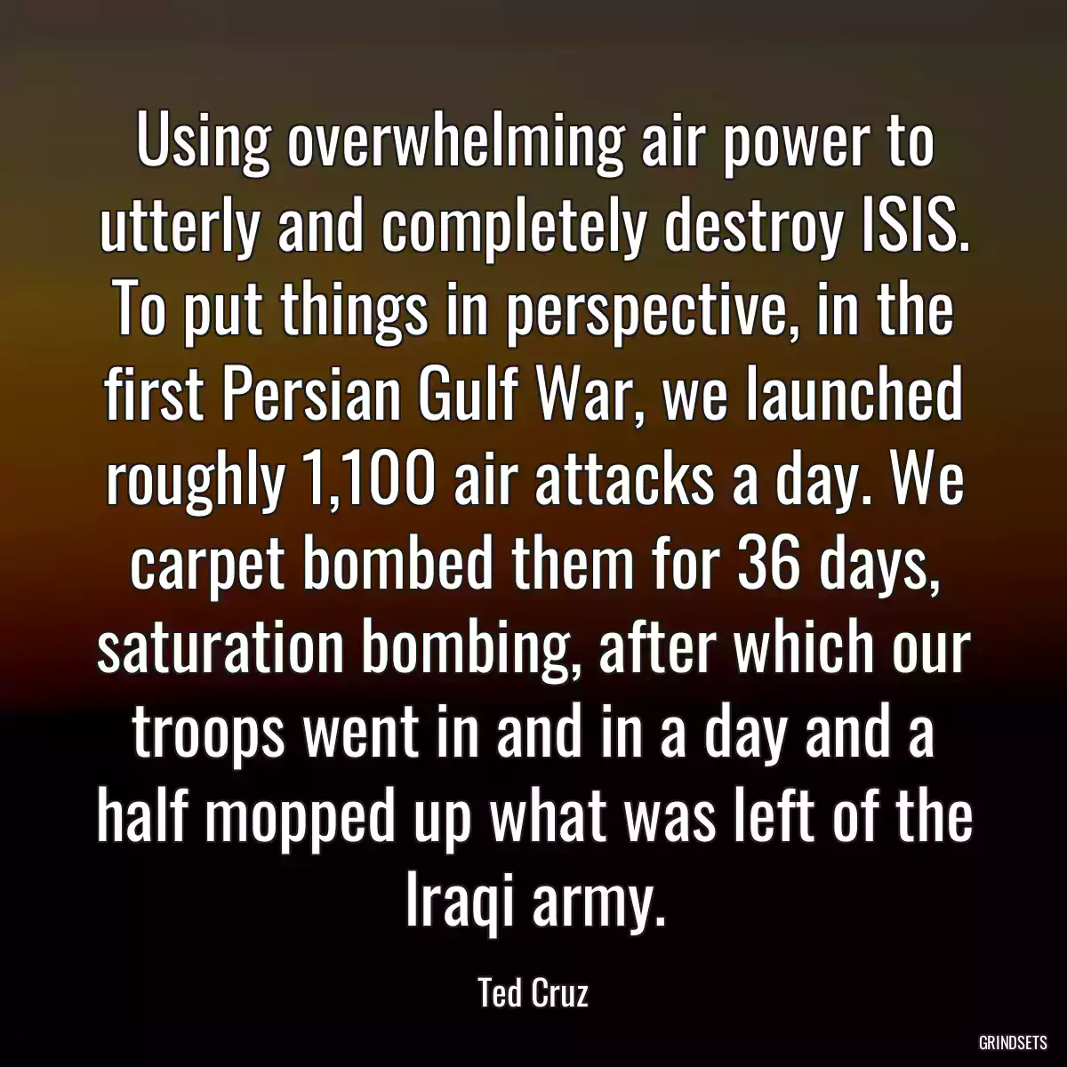 Using overwhelming air power to utterly and completely destroy ISIS. To put things in perspective, in the first Persian Gulf War, we launched roughly 1,100 air attacks a day. We carpet bombed them for 36 days, saturation bombing, after which our troops went in and in a day and a half mopped up what was left of the Iraqi army.