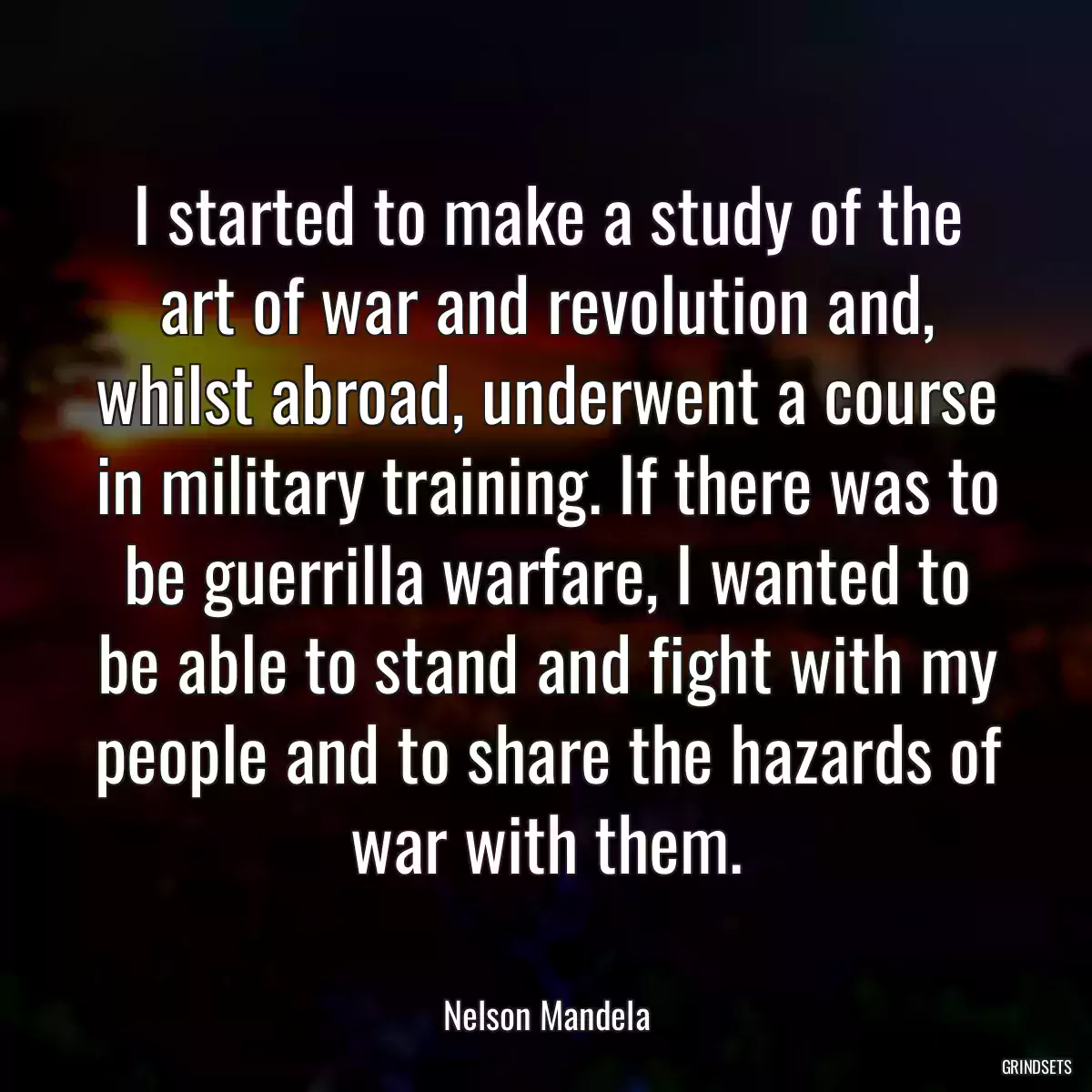 I started to make a study of the art of war and revolution and, whilst abroad, underwent a course in military training. If there was to be guerrilla warfare, I wanted to be able to stand and fight with my people and to share the hazards of war with them.