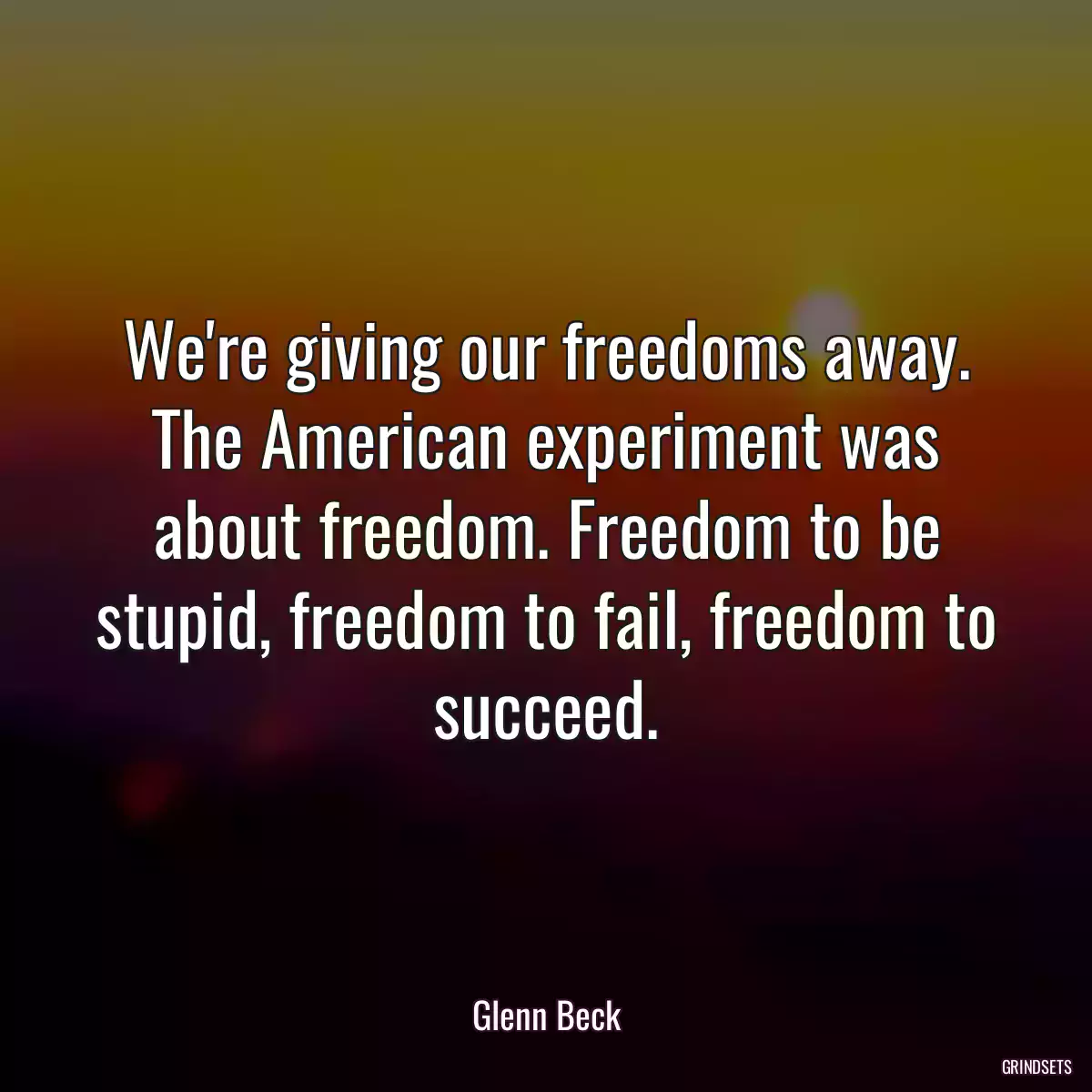 We\'re giving our freedoms away. The American experiment was about freedom. Freedom to be stupid, freedom to fail, freedom to succeed.