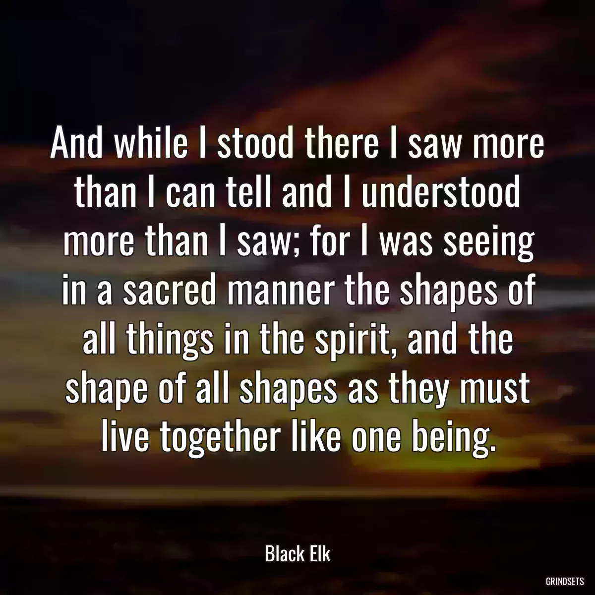 And while I stood there I saw more than I can tell and I understood more than I saw; for I was seeing in a sacred manner the shapes of all things in the spirit, and the shape of all shapes as they must live together like one being.