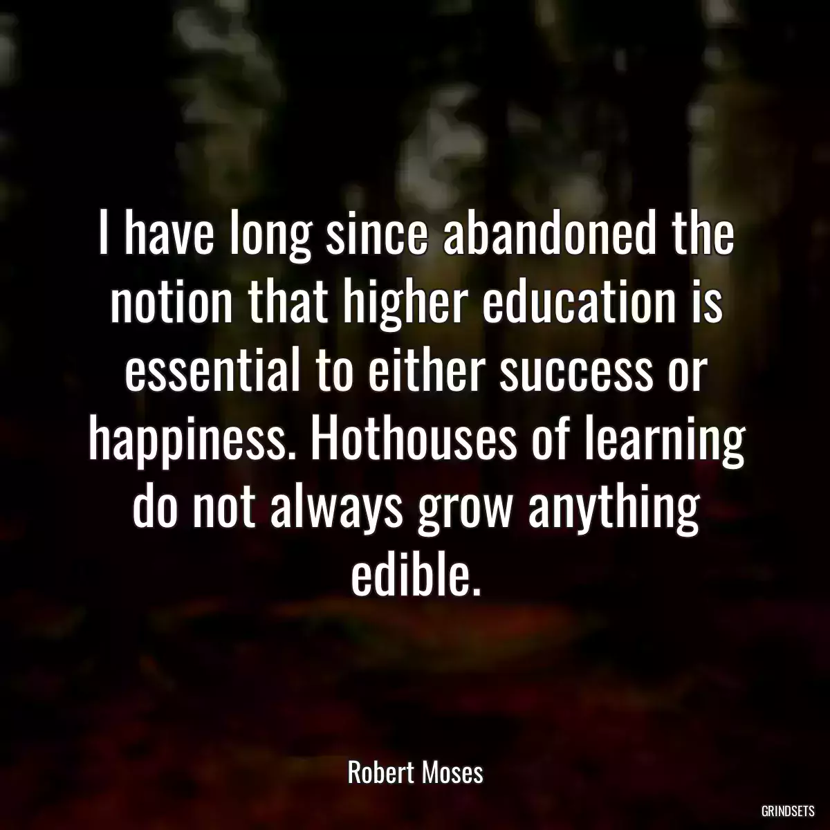 I have long since abandoned the notion that higher education is essential to either success or happiness. Hothouses of learning do not always grow anything edible.