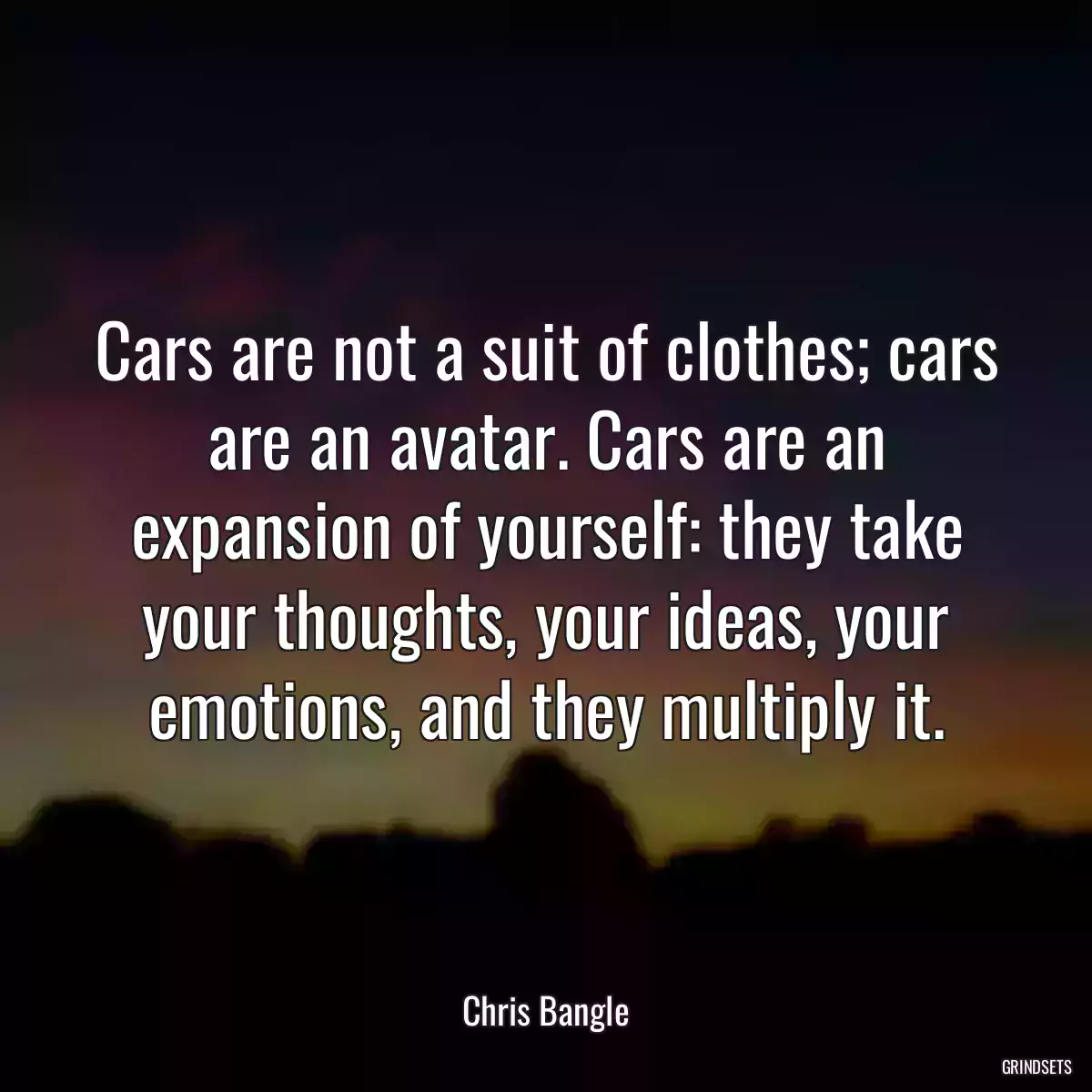 Cars are not a suit of clothes; cars are an avatar. Cars are an expansion of yourself: they take your thoughts, your ideas, your emotions, and they multiply it.