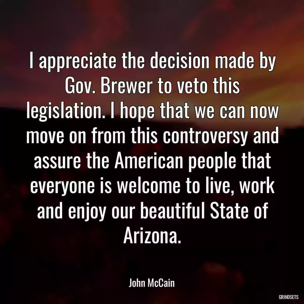 I appreciate the decision made by Gov. Brewer to veto this legislation. I hope that we can now move on from this controversy and assure the American people that everyone is welcome to live, work and enjoy our beautiful State of Arizona.