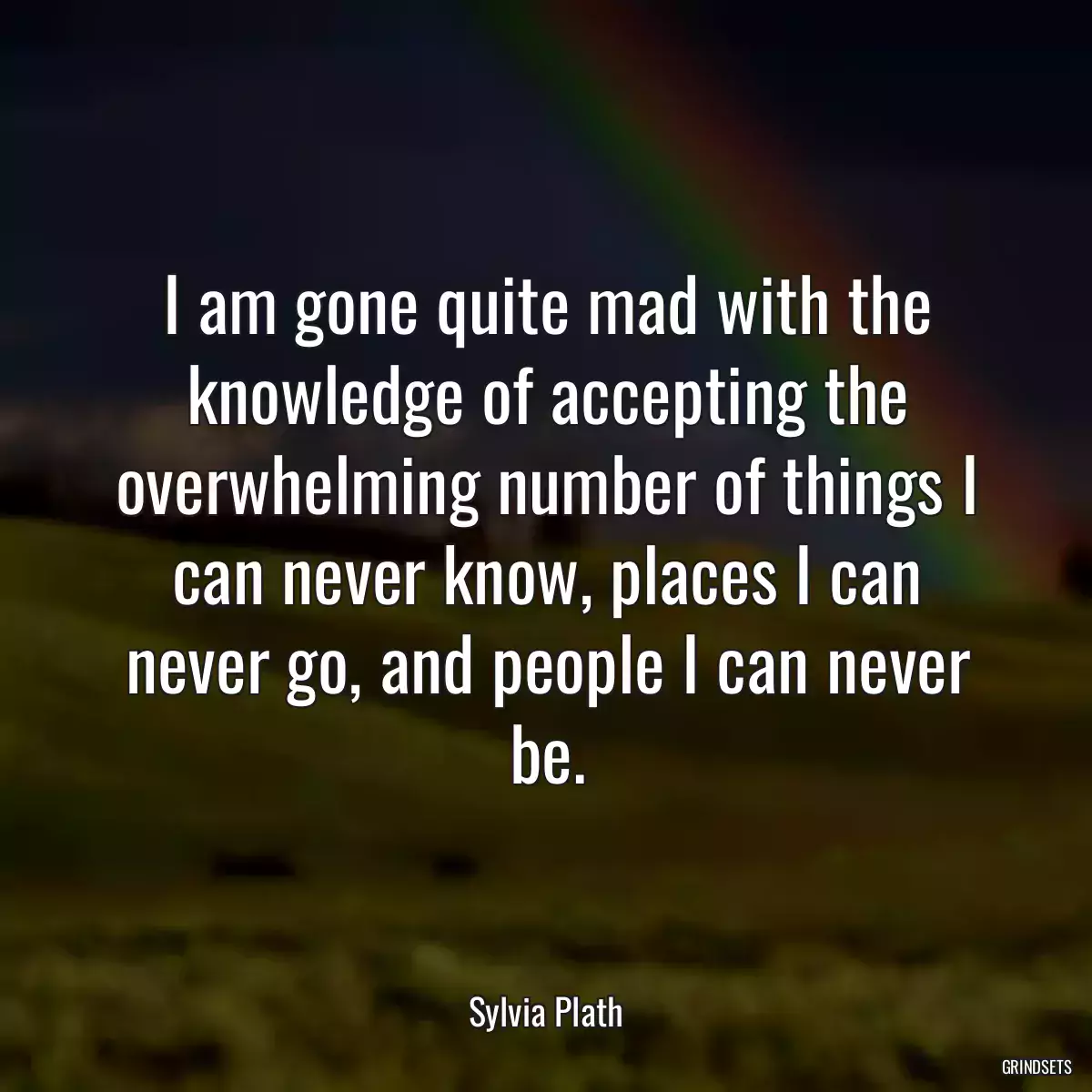 I am gone quite mad with the knowledge of accepting the overwhelming number of things I can never know, places I can never go, and people I can never be.