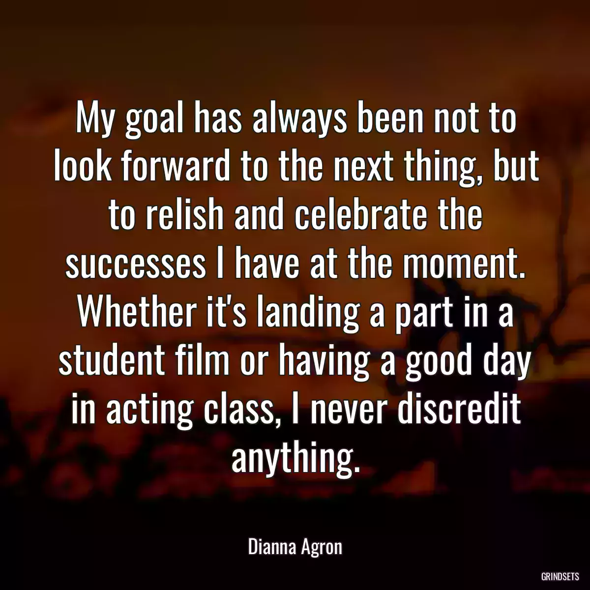 My goal has always been not to look forward to the next thing, but to relish and celebrate the successes I have at the moment. Whether it\'s landing a part in a student film or having a good day in acting class, I never discredit anything.