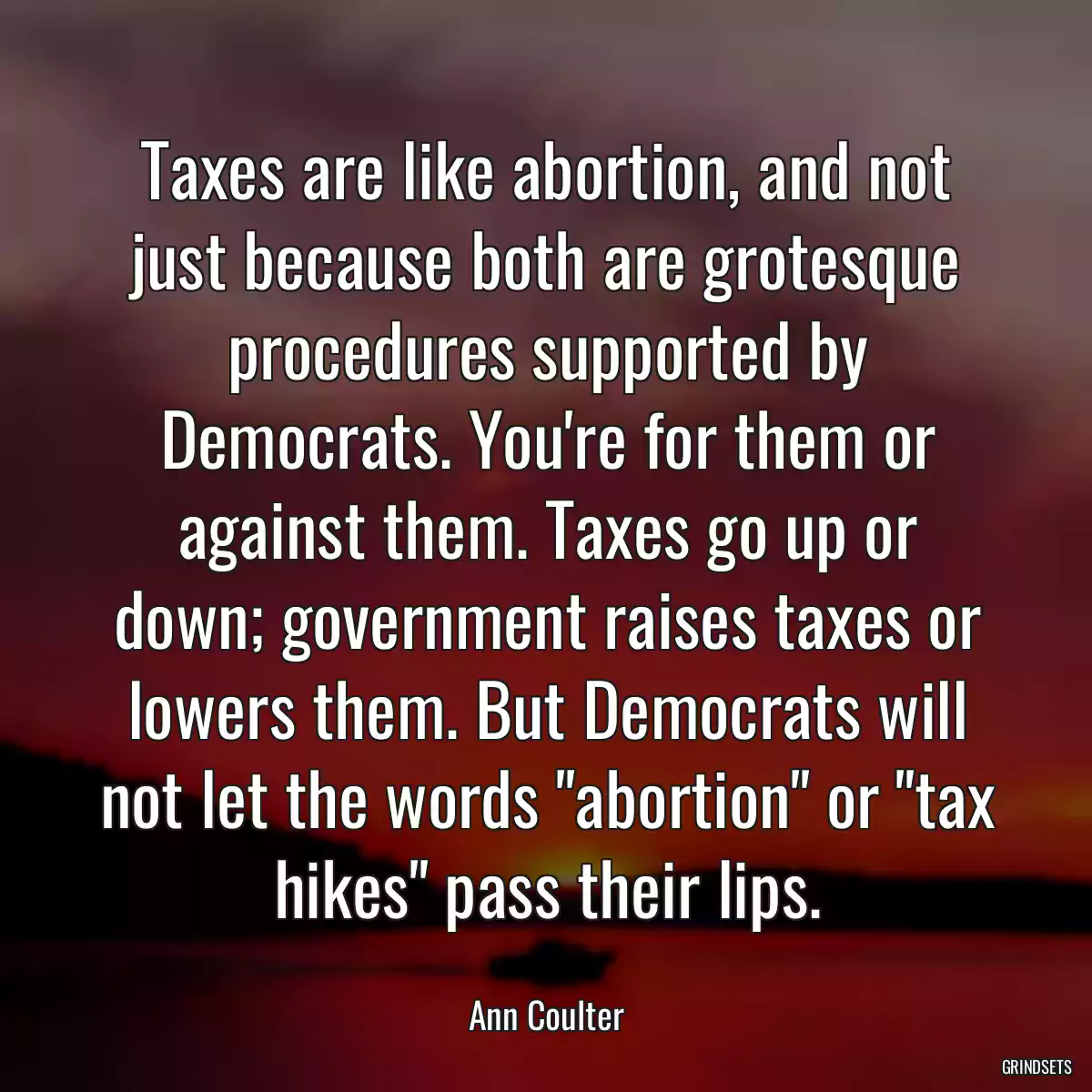 Taxes are like abortion, and not just because both are grotesque procedures supported by Democrats. You\'re for them or against them. Taxes go up or down; government raises taxes or lowers them. But Democrats will not let the words \