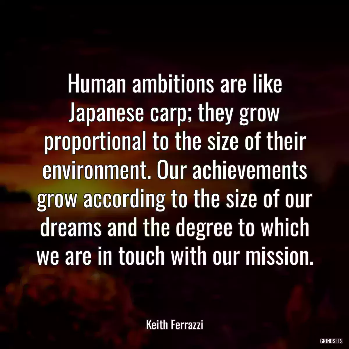 Human ambitions are like Japanese carp; they grow proportional to the size of their environment. Our achievements grow according to the size of our dreams and the degree to which we are in touch with our mission.