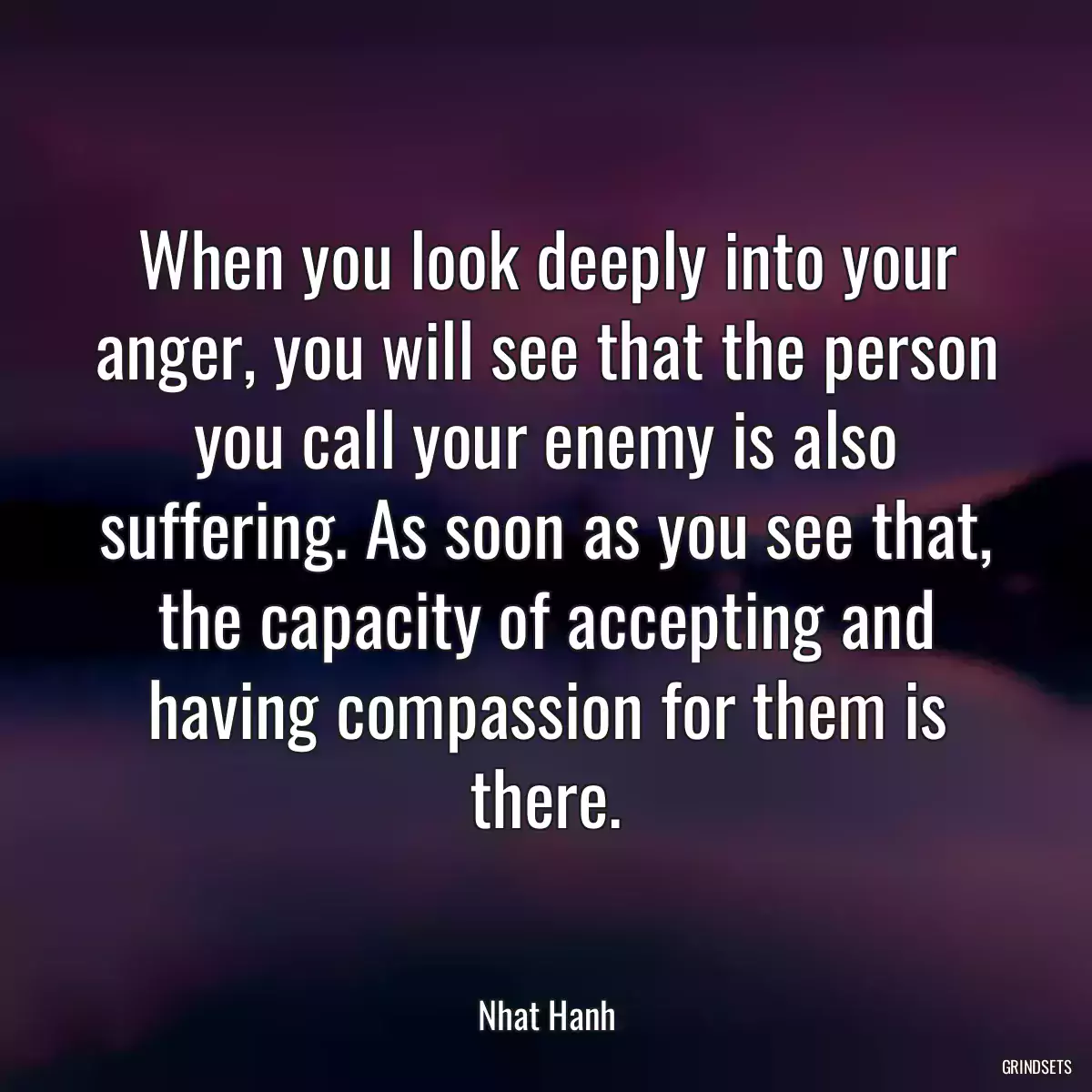 When you look deeply into your anger, you will see that the person you call your enemy is also suffering. As soon as you see that, the capacity of accepting and having compassion for them is there.