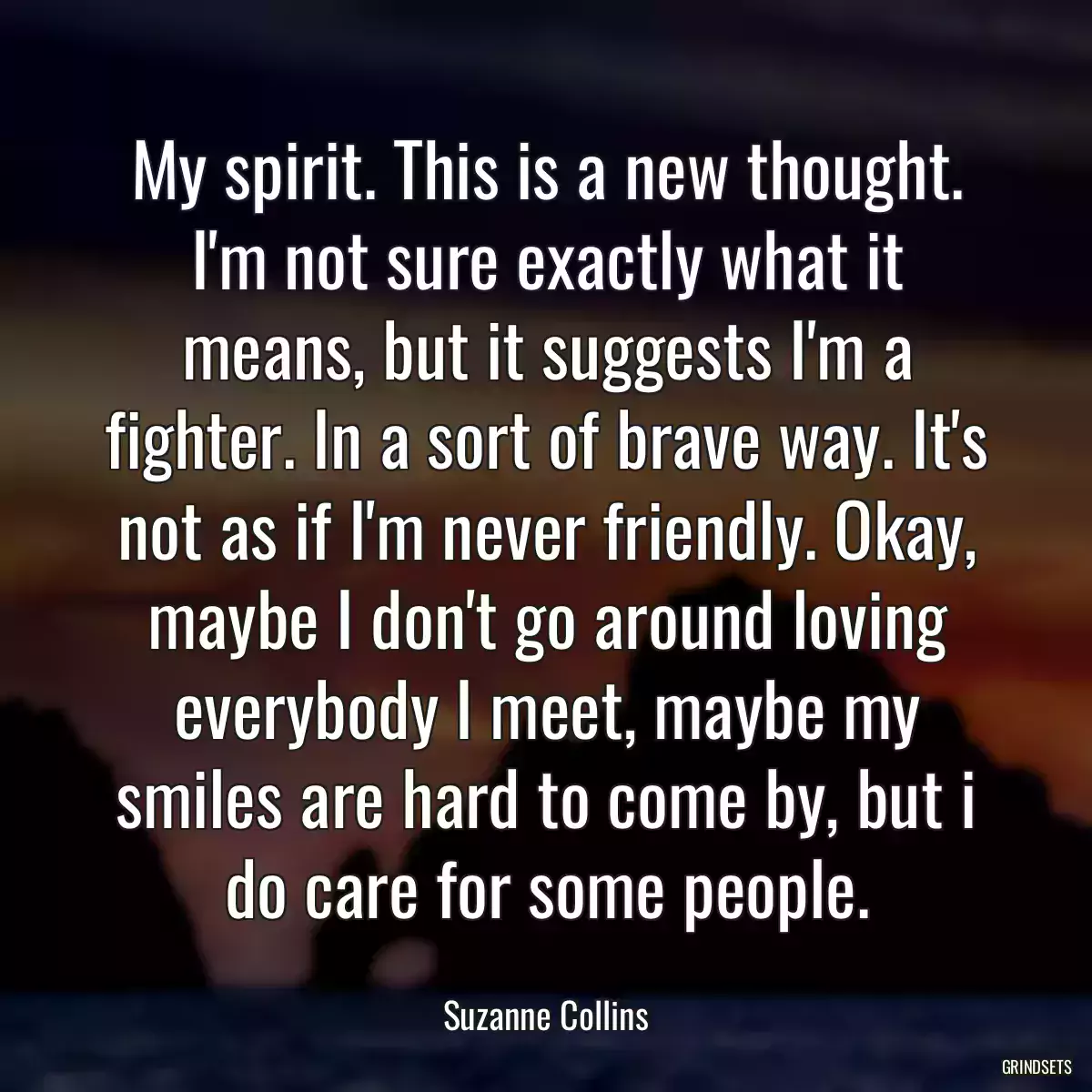 My spirit. This is a new thought. I\'m not sure exactly what it means, but it suggests I\'m a fighter. In a sort of brave way. It\'s not as if I\'m never friendly. Okay, maybe I don\'t go around loving everybody I meet, maybe my smiles are hard to come by, but i do care for some people.