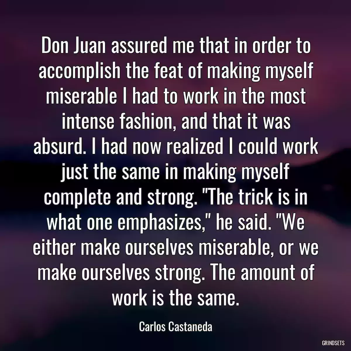 Don Juan assured me that in order to accomplish the feat of making myself miserable I had to work in the most intense fashion, and that it was absurd. I had now realized I could work just the same in making myself complete and strong. \