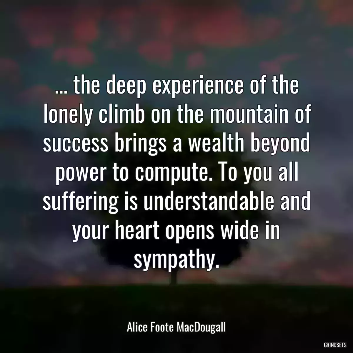 ... the deep experience of the lonely climb on the mountain of success brings a wealth beyond power to compute. To you all suffering is understandable and your heart opens wide in sympathy.