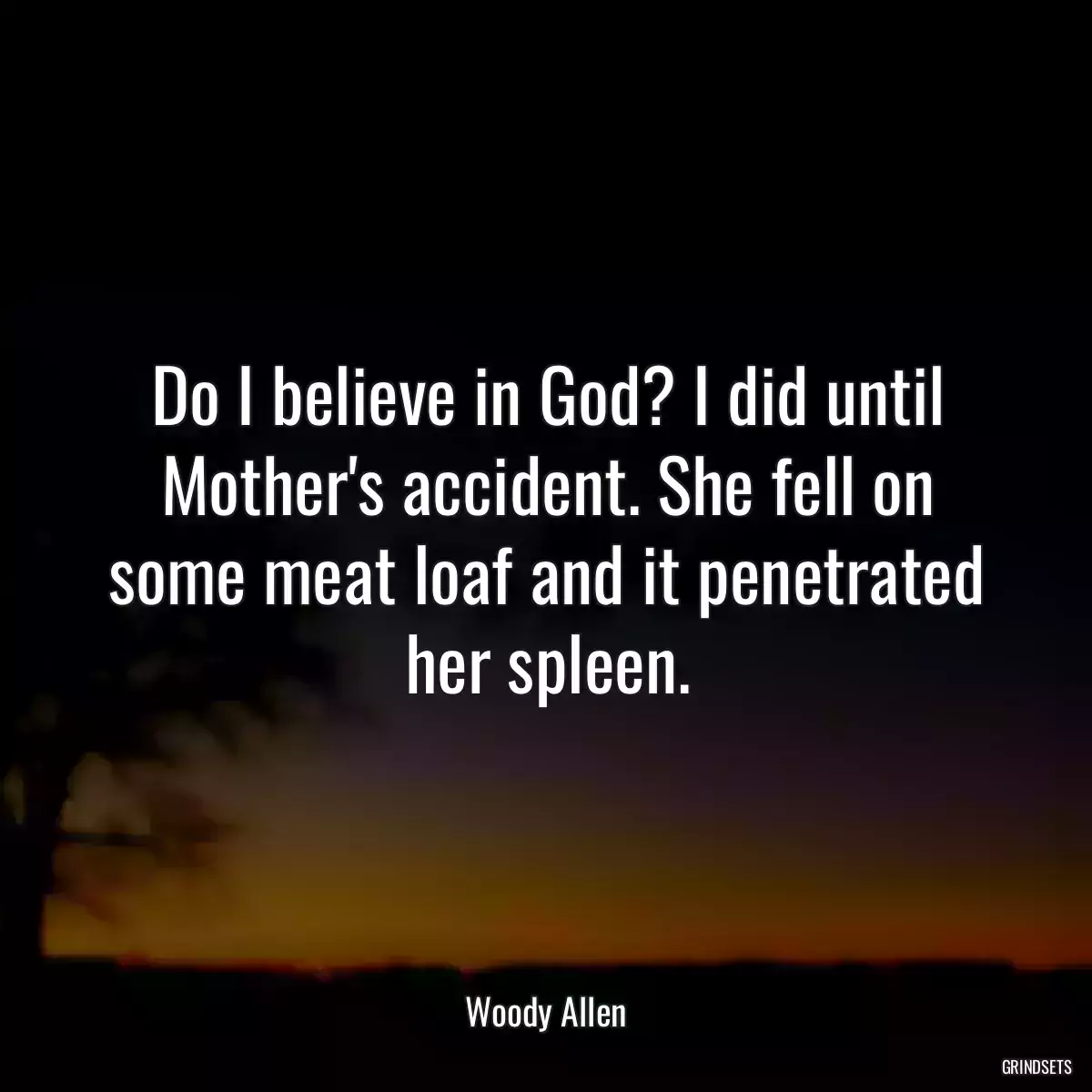 Do I believe in God? I did until Mother\'s accident. She fell on some meat loaf and it penetrated her spleen.