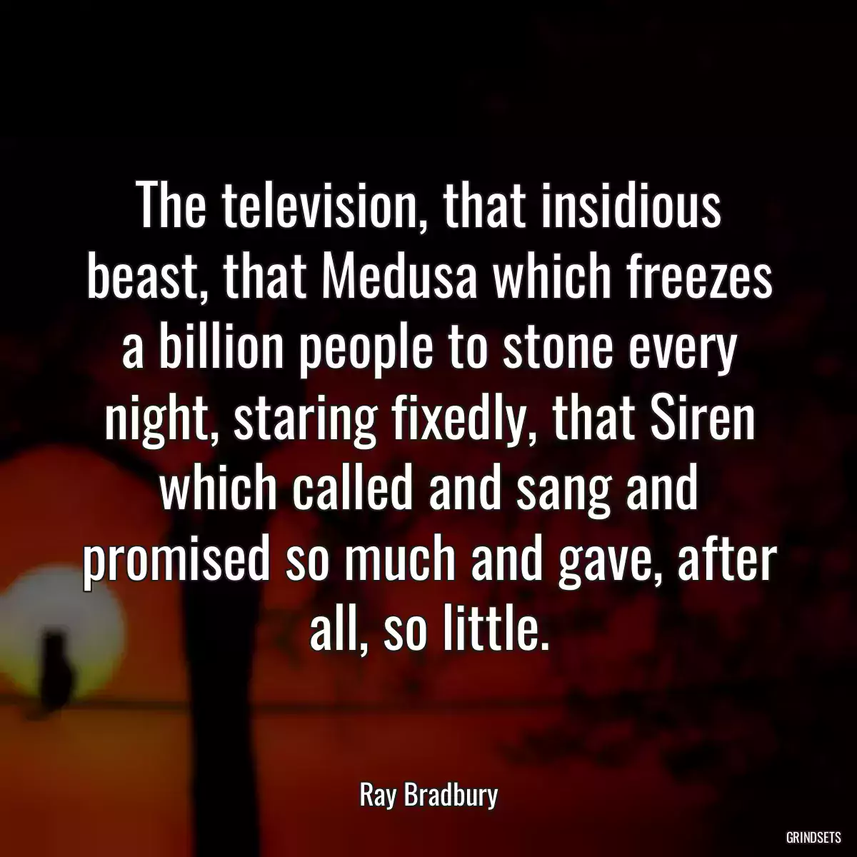 The television, that insidious beast, that Medusa which freezes a billion people to stone every night, staring fixedly, that Siren which called and sang and promised so much and gave, after all, so little.