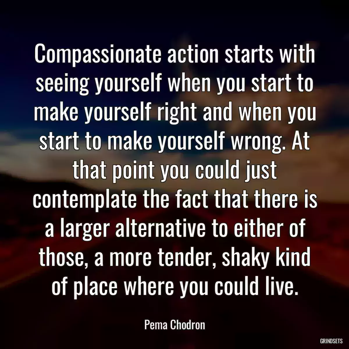 Compassionate action starts with seeing yourself when you start to make yourself right and when you start to make yourself wrong. At that point you could just contemplate the fact that there is a larger alternative to either of those, a more tender, shaky kind of place where you could live.