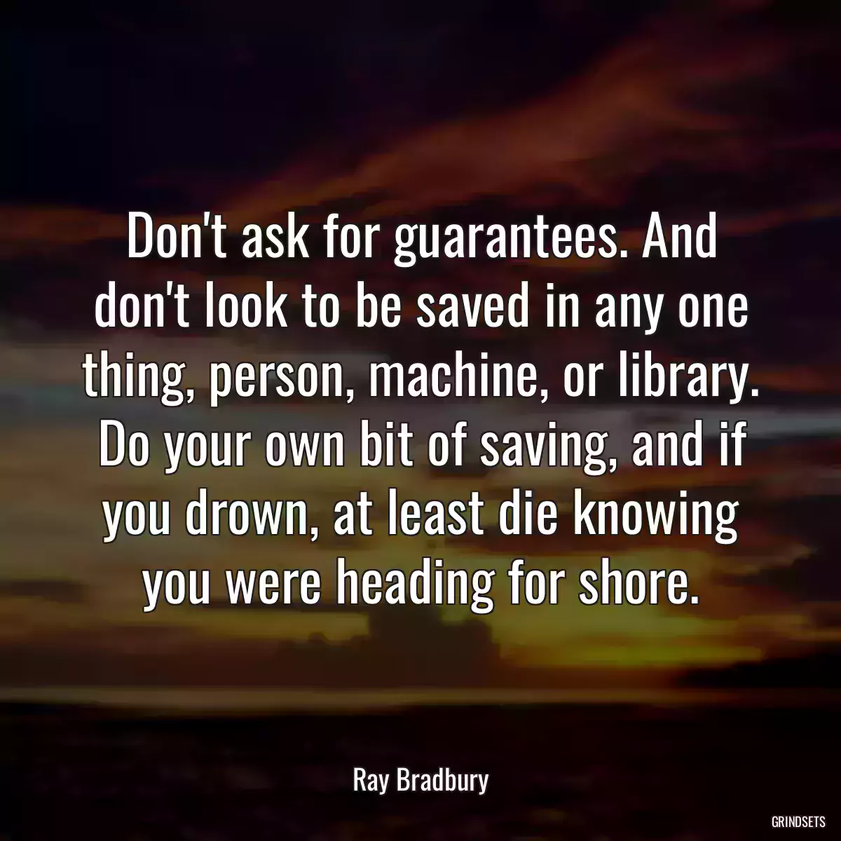 Don\'t ask for guarantees. And don\'t look to be saved in any one thing, person, machine, or library. Do your own bit of saving, and if you drown, at least die knowing you were heading for shore.