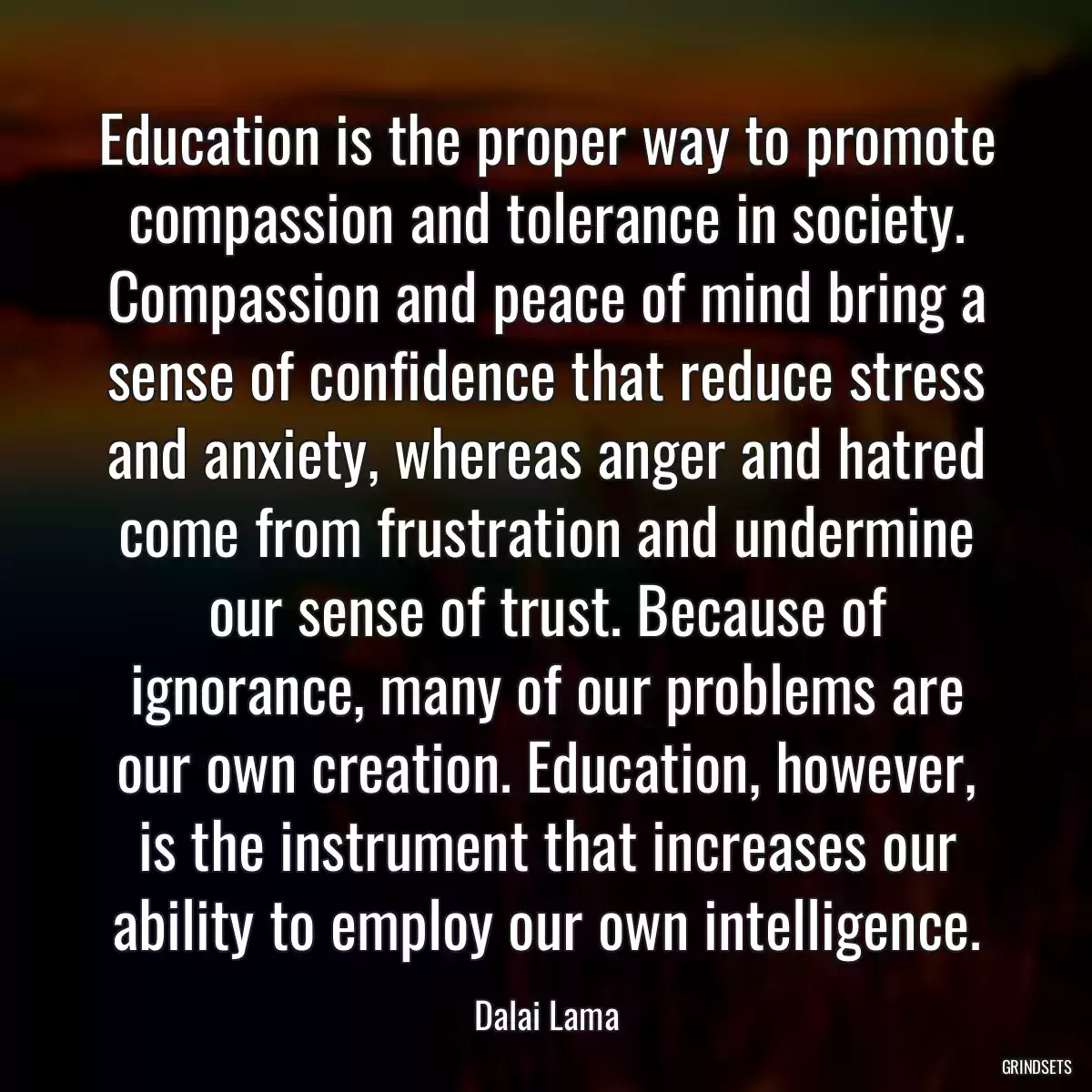 Education is the proper way to promote compassion and tolerance in society. Compassion and peace of mind bring a sense of confidence that reduce stress and anxiety, whereas anger and hatred come from frustration and undermine our sense of trust. Because of ignorance, many of our problems are our own creation. Education, however, is the instrument that increases our ability to employ our own intelligence.