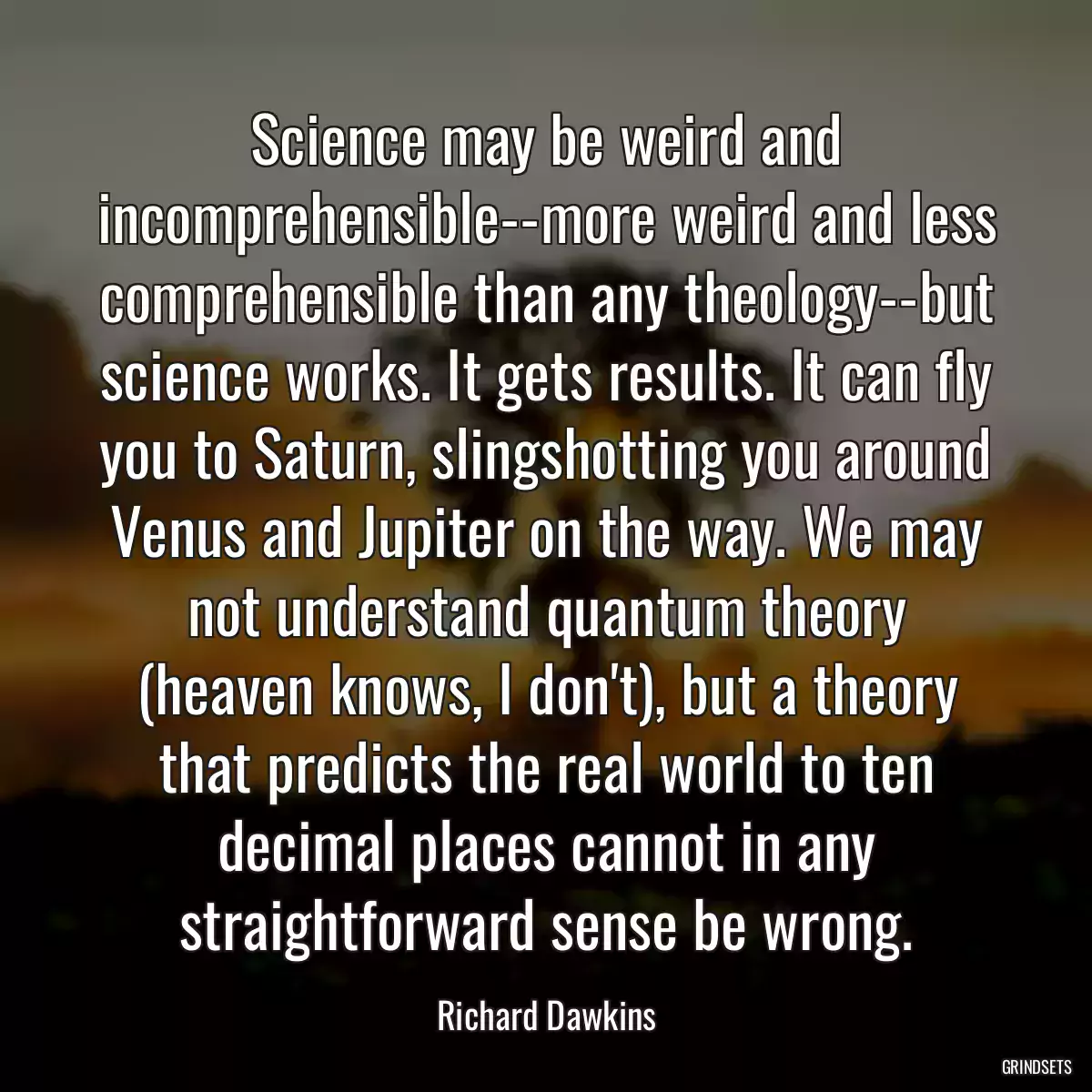 Science may be weird and incomprehensible--more weird and less comprehensible than any theology--but science works. It gets results. It can fly you to Saturn, slingshotting you around Venus and Jupiter on the way. We may not understand quantum theory (heaven knows, I don\'t), but a theory that predicts the real world to ten decimal places cannot in any straightforward sense be wrong.