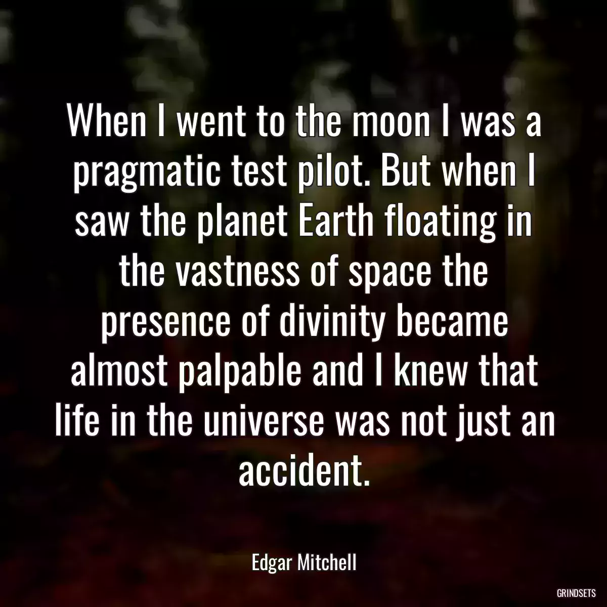 When I went to the moon I was a pragmatic test pilot. But when I saw the planet Earth floating in the vastness of space the presence of divinity became almost palpable and I knew that life in the universe was not just an accident.