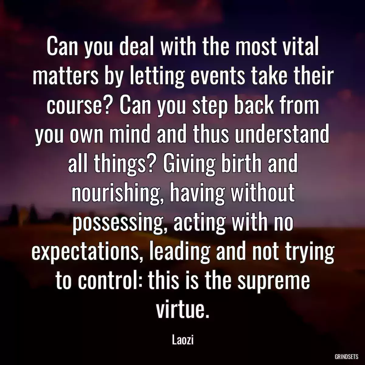 Can you deal with the most vital matters by letting events take their course? Can you step back from you own mind and thus understand all things? Giving birth and nourishing, having without possessing, acting with no expectations, leading and not trying to control: this is the supreme virtue.