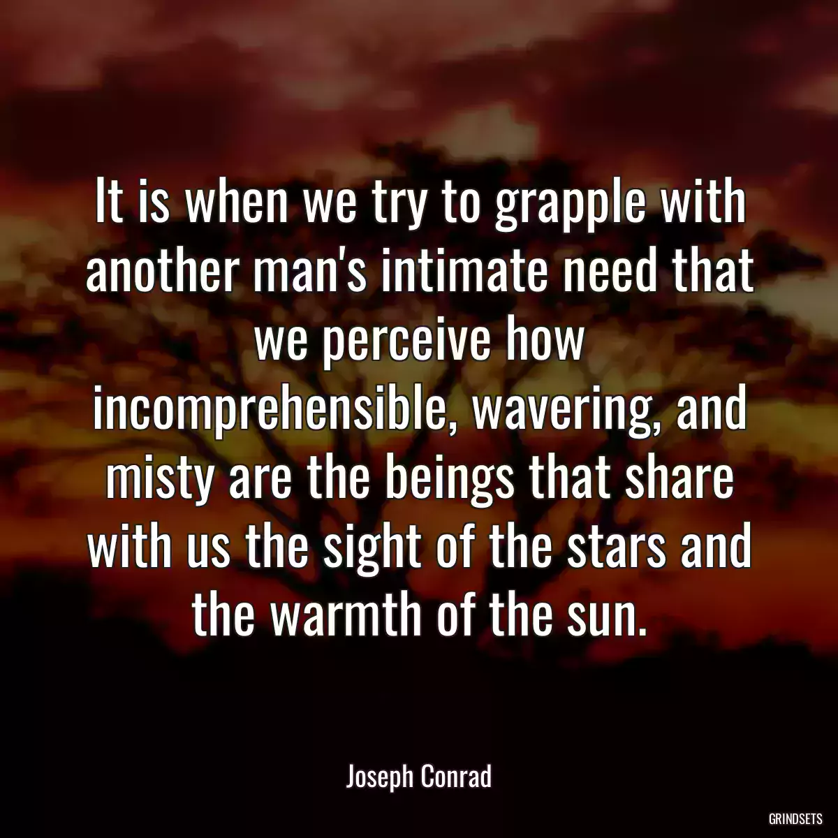 It is when we try to grapple with another man\'s intimate need that we perceive how incomprehensible, wavering, and misty are the beings that share with us the sight of the stars and the warmth of the sun.