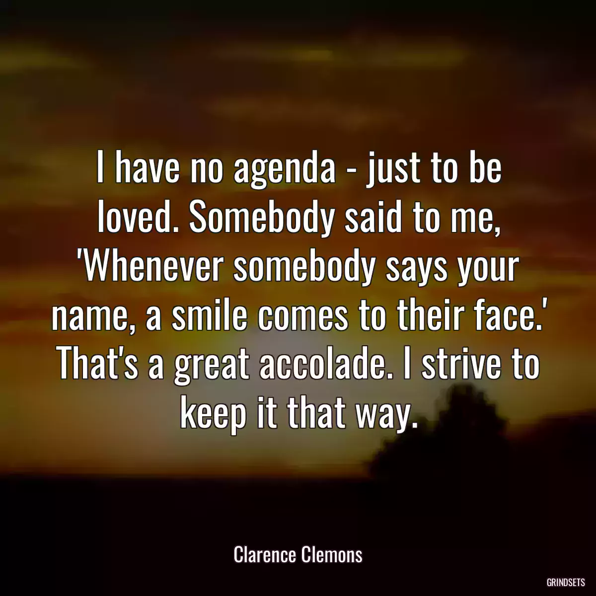 I have no agenda - just to be loved. Somebody said to me, \'Whenever somebody says your name, a smile comes to their face.\' That\'s a great accolade. I strive to keep it that way.