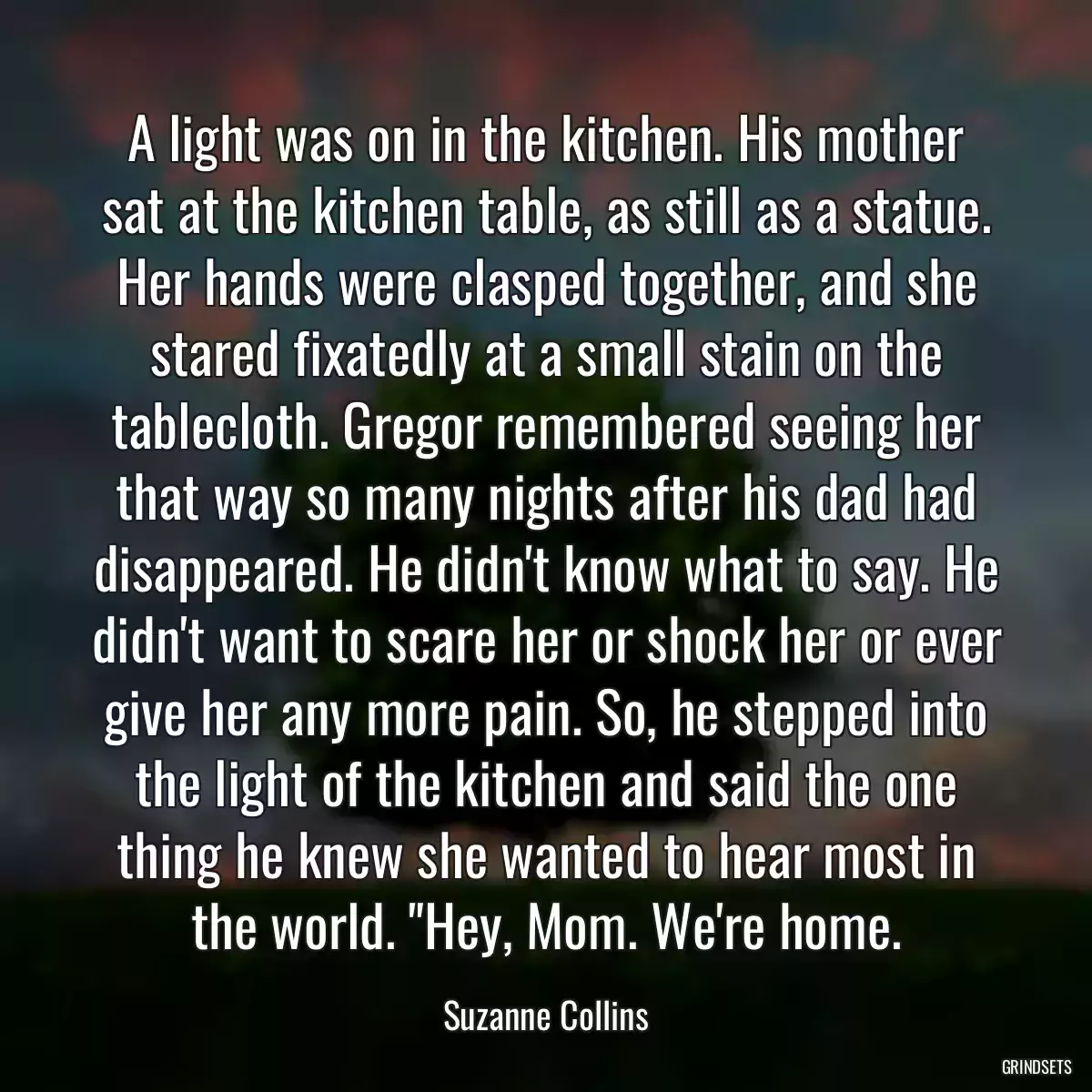 A light was on in the kitchen. His mother sat at the kitchen table, as still as a statue. Her hands were clasped together, and she stared fixatedly at a small stain on the tablecloth. Gregor remembered seeing her that way so many nights after his dad had disappeared. He didn\'t know what to say. He didn\'t want to scare her or shock her or ever give her any more pain. So, he stepped into the light of the kitchen and said the one thing he knew she wanted to hear most in the world. \