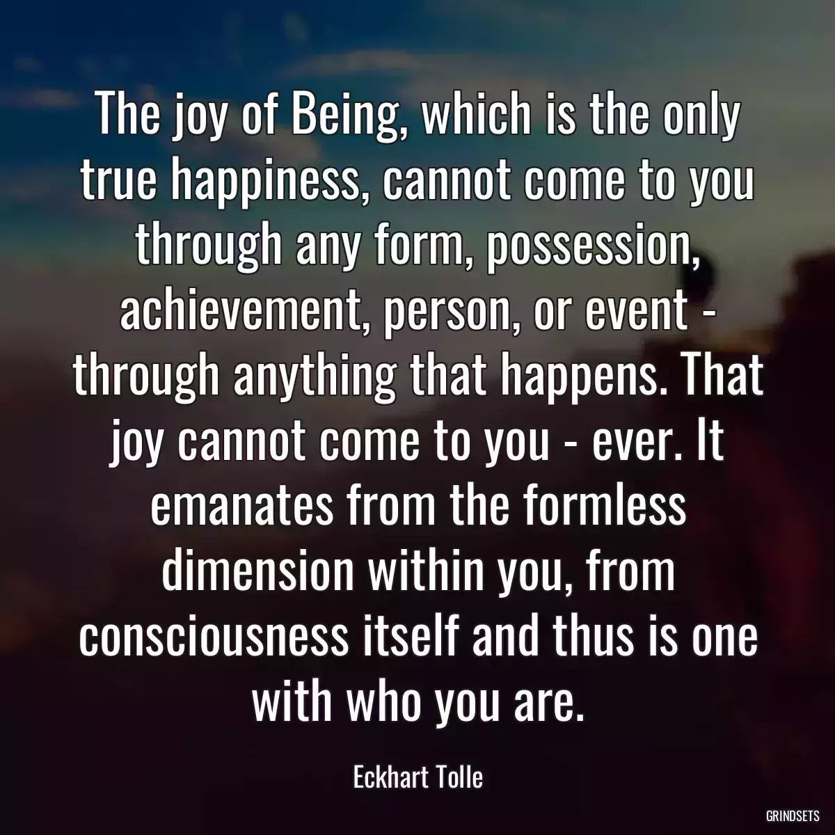 The joy of Being, which is the only true happiness, cannot come to you through any form, possession, achievement, person, or event - through anything that happens. That joy cannot come to you - ever. It emanates from the formless dimension within you, from consciousness itself and thus is one with who you are.