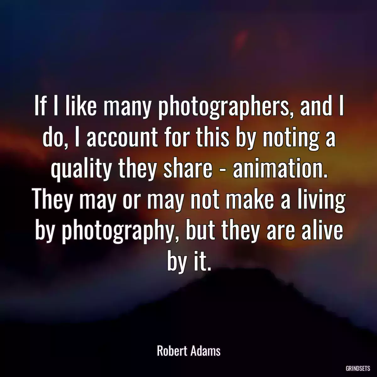 If I like many photographers, and I do, I account for this by noting a quality they share - animation. They may or may not make a living by photography, but they are alive by it.