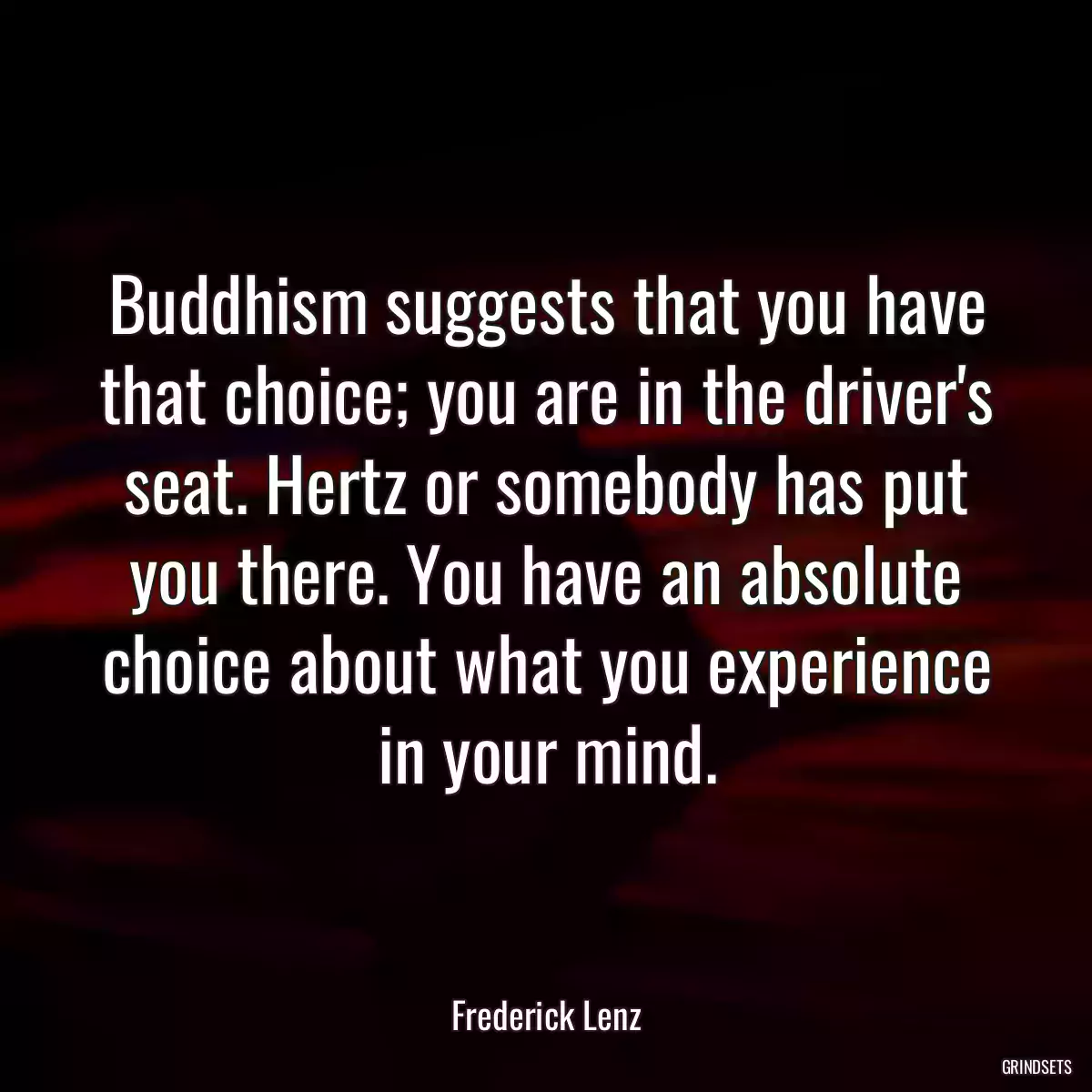 Buddhism suggests that you have that choice; you are in the driver\'s seat. Hertz or somebody has put you there. You have an absolute choice about what you experience in your mind.