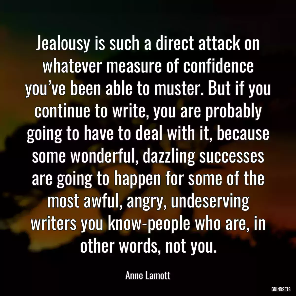 Jealousy is such a direct attack on whatever measure of confidence you’ve been able to muster. But if you continue to write, you are probably going to have to deal with it, because some wonderful, dazzling successes are going to happen for some of the most awful, angry, undeserving writers you know-people who are, in other words, not you.