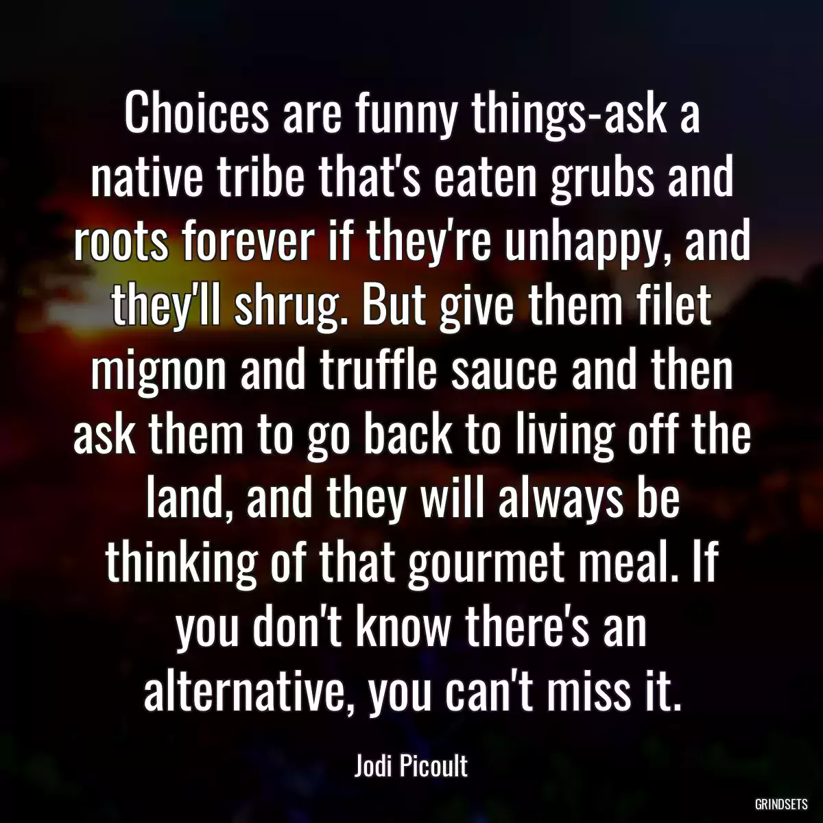 Choices are funny things-ask a native tribe that\'s eaten grubs and roots forever if they\'re unhappy, and they\'ll shrug. But give them filet mignon and truffle sauce and then ask them to go back to living off the land, and they will always be thinking of that gourmet meal. If you don\'t know there\'s an alternative, you can\'t miss it.