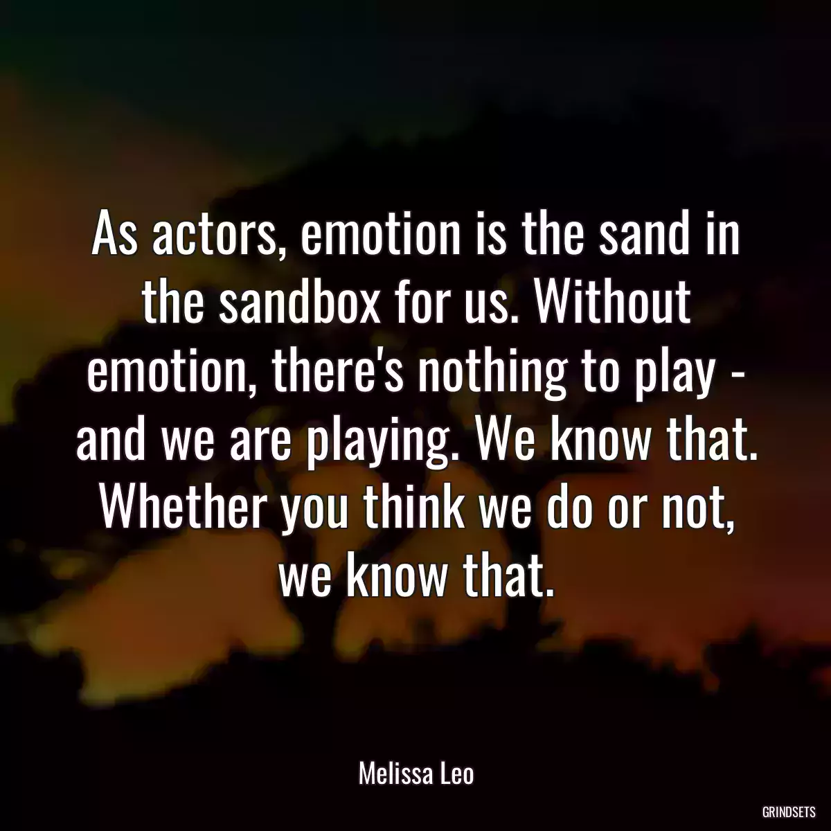 As actors, emotion is the sand in the sandbox for us. Without emotion, there\'s nothing to play - and we are playing. We know that. Whether you think we do or not, we know that.