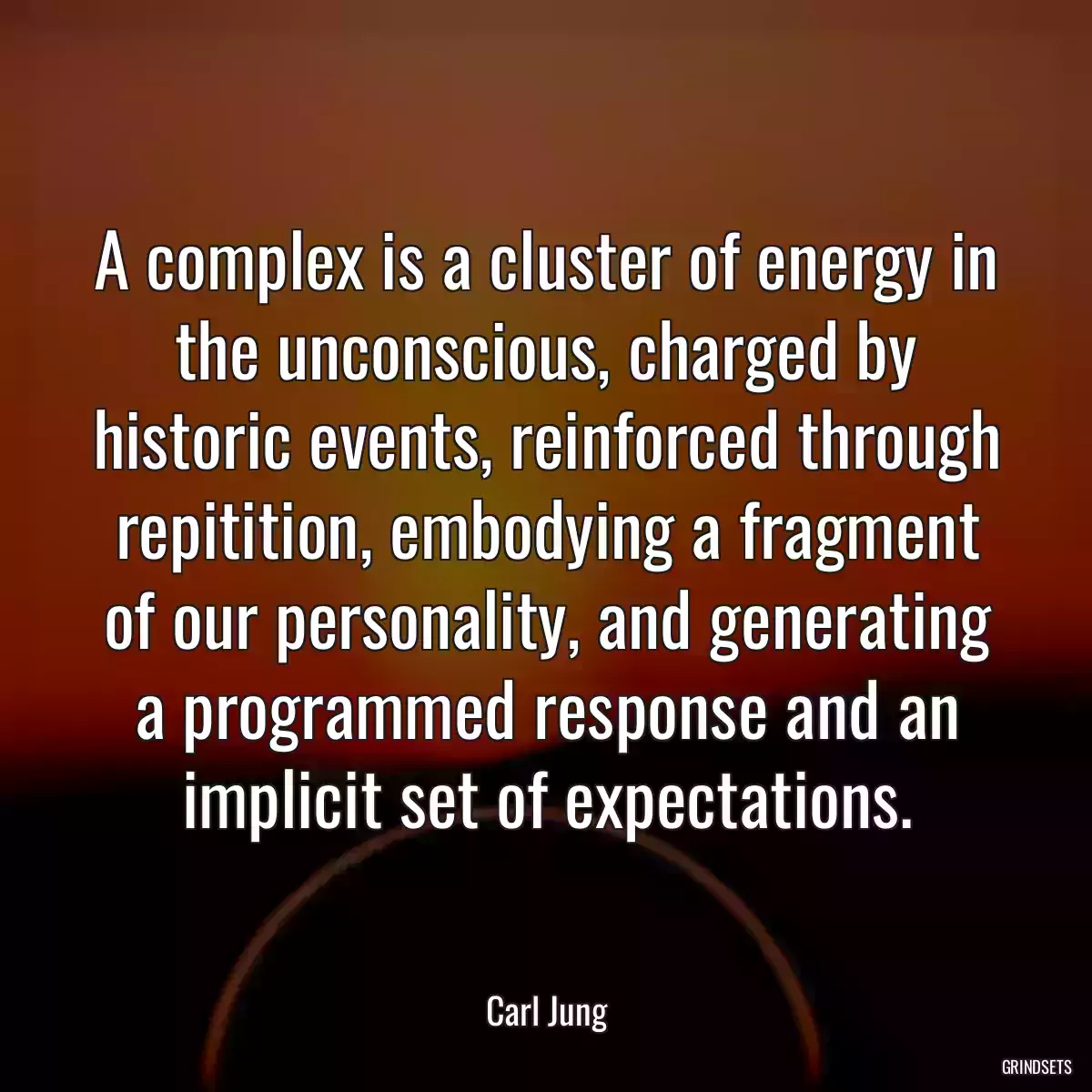 A complex is a cluster of energy in the unconscious, charged by historic events, reinforced through repitition, embodying a fragment of our personality, and generating a programmed response and an implicit set of expectations.