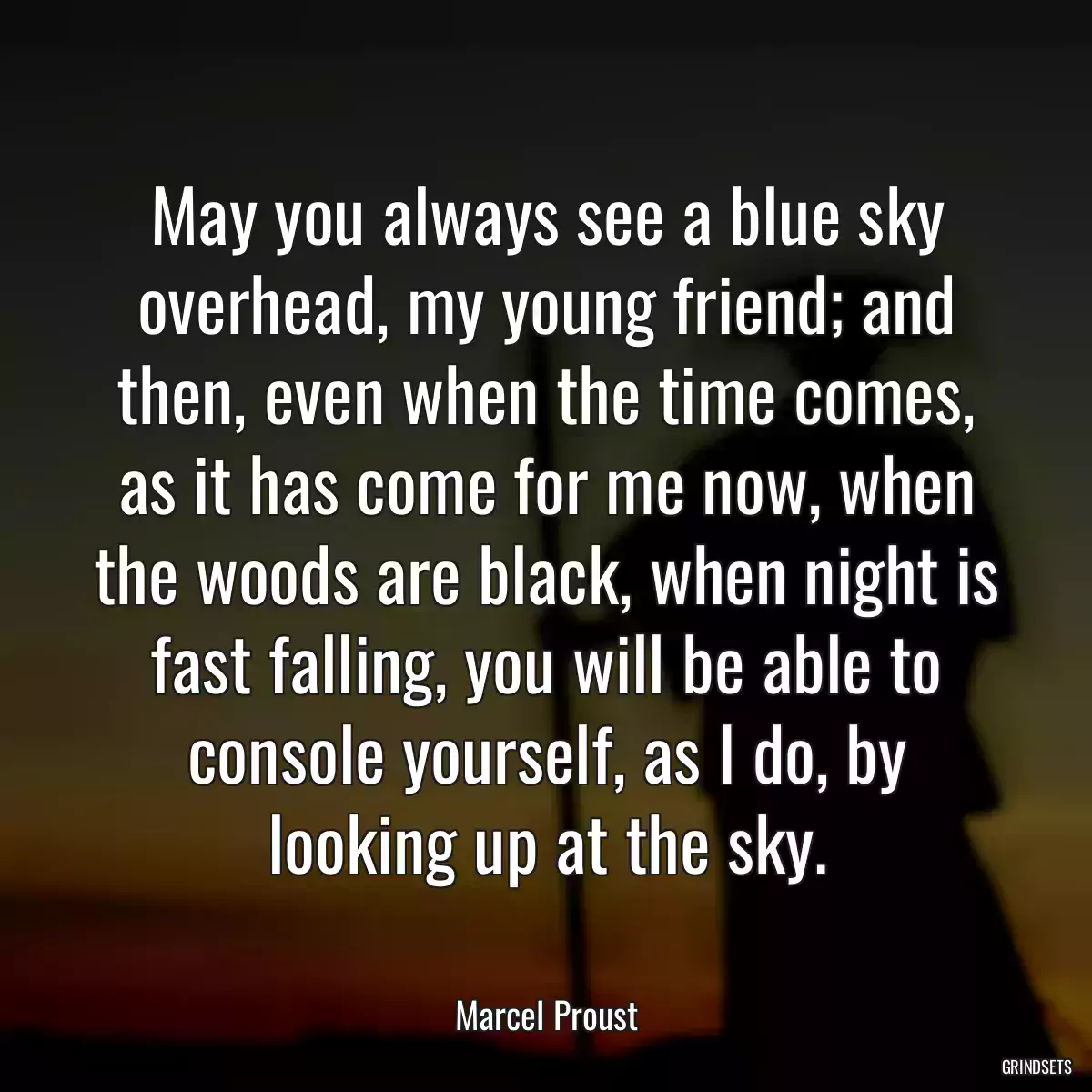 May you always see a blue sky overhead, my young friend; and then, even when the time comes, as it has come for me now, when the woods are black, when night is fast falling, you will be able to console yourself, as I do, by looking up at the sky.