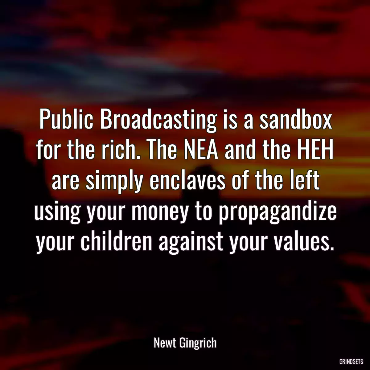 Public Broadcasting is a sandbox for the rich. The NEA and the HEH are simply enclaves of the left using your money to propagandize your children against your values.