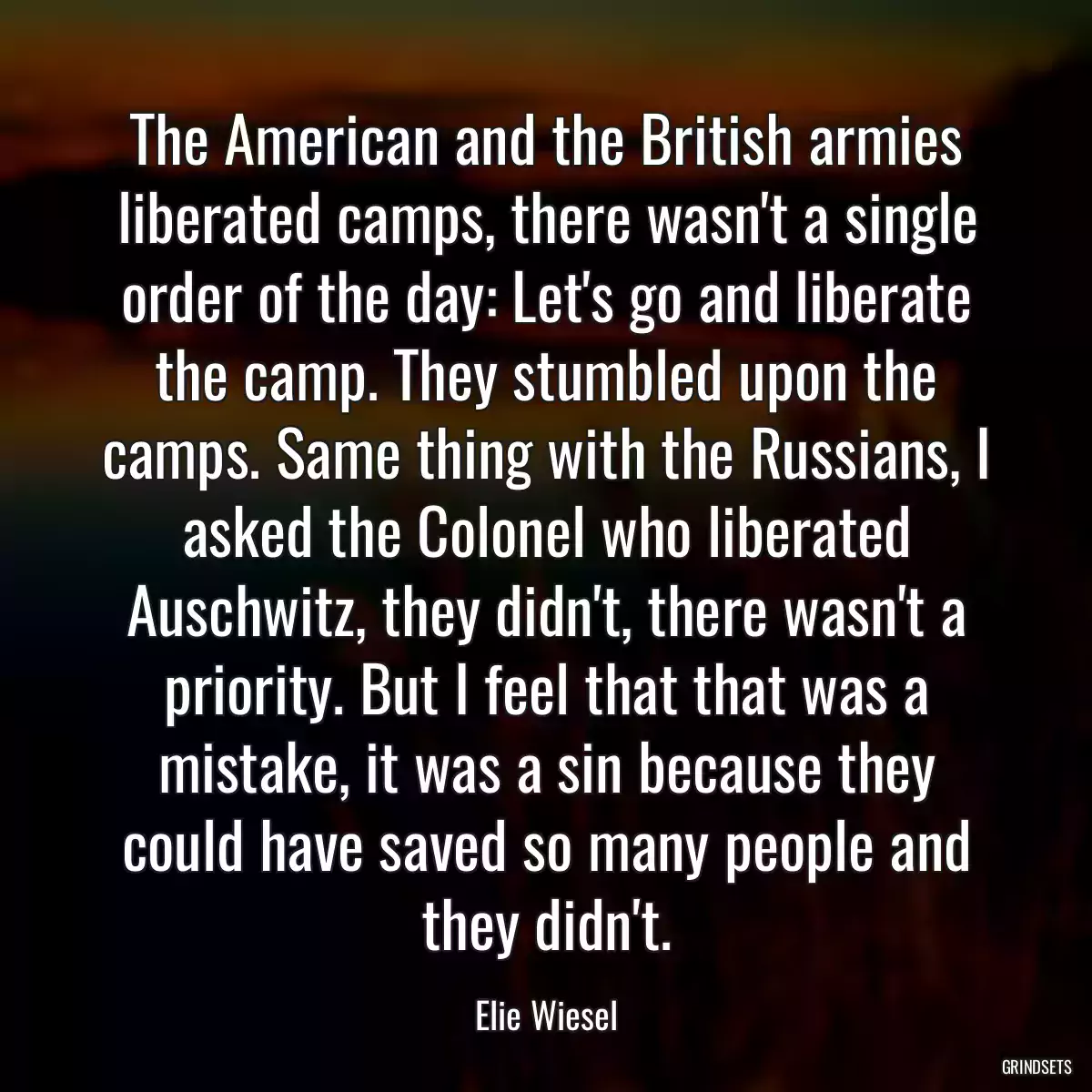 The American and the British armies liberated camps, there wasn\'t a single order of the day: Let\'s go and liberate the camp. They stumbled upon the camps. Same thing with the Russians, I asked the Colonel who liberated Auschwitz, they didn\'t, there wasn\'t a priority. But I feel that that was a mistake, it was a sin because they could have saved so many people and they didn\'t.