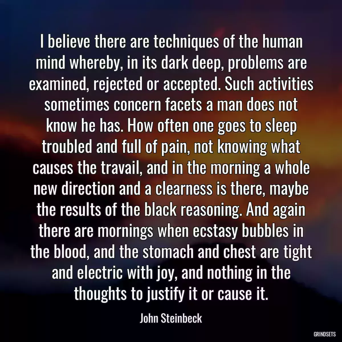 I believe there are techniques of the human mind whereby, in its dark deep, problems are examined, rejected or accepted. Such activities sometimes concern facets a man does not know he has. How often one goes to sleep troubled and full of pain, not knowing what causes the travail, and in the morning a whole new direction and a clearness is there, maybe the results of the black reasoning. And again there are mornings when ecstasy bubbles in the blood, and the stomach and chest are tight and electric with joy, and nothing in the thoughts to justify it or cause it.