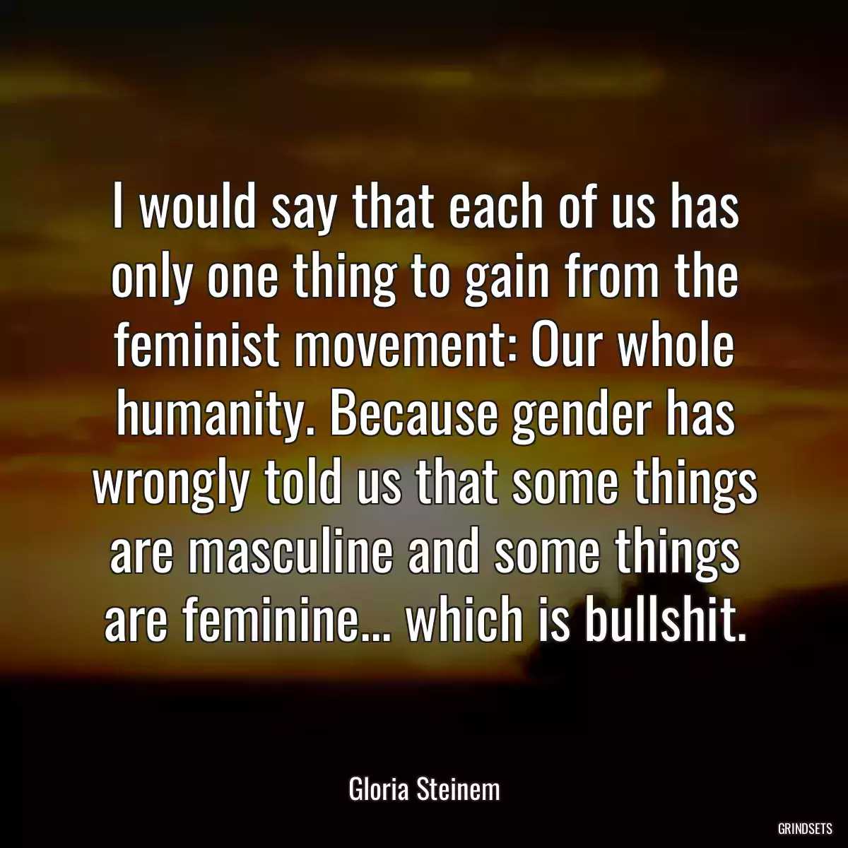 I would say that each of us has only one thing to gain from the feminist movement: Our whole humanity. Because gender has wrongly told us that some things are masculine and some things are feminine... which is bullshit.