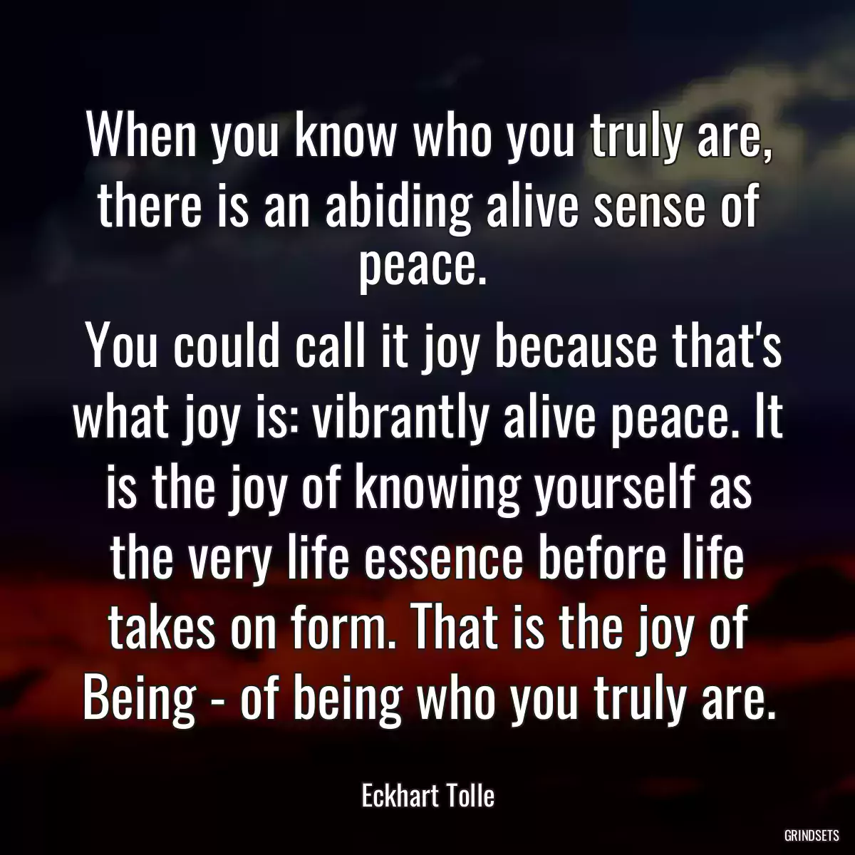 When you know who you truly are, there is an abiding alive sense of peace. 
 You could call it joy because that\'s what joy is: vibrantly alive peace. It is the joy of knowing yourself as the very life essence before life takes on form. That is the joy of Being - of being who you truly are.