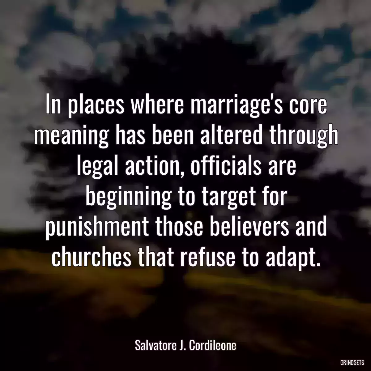 In places where marriage\'s core meaning has been altered through legal action, officials are beginning to target for punishment those believers and churches that refuse to adapt.