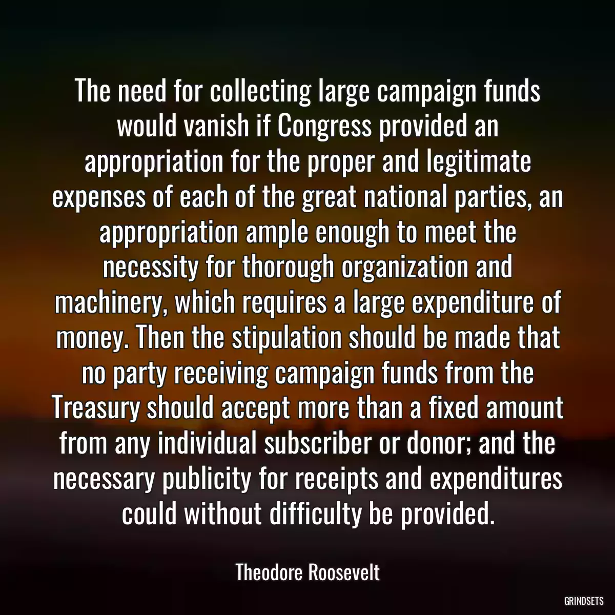 The need for collecting large campaign funds would vanish if Congress provided an appropriation for the proper and legitimate expenses of each of the great national parties, an appropriation ample enough to meet the necessity for thorough organization and machinery, which requires a large expenditure of money. Then the stipulation should be made that no party receiving campaign funds from the Treasury should accept more than a fixed amount from any individual subscriber or donor; and the necessary publicity for receipts and expenditures could without difficulty be provided.