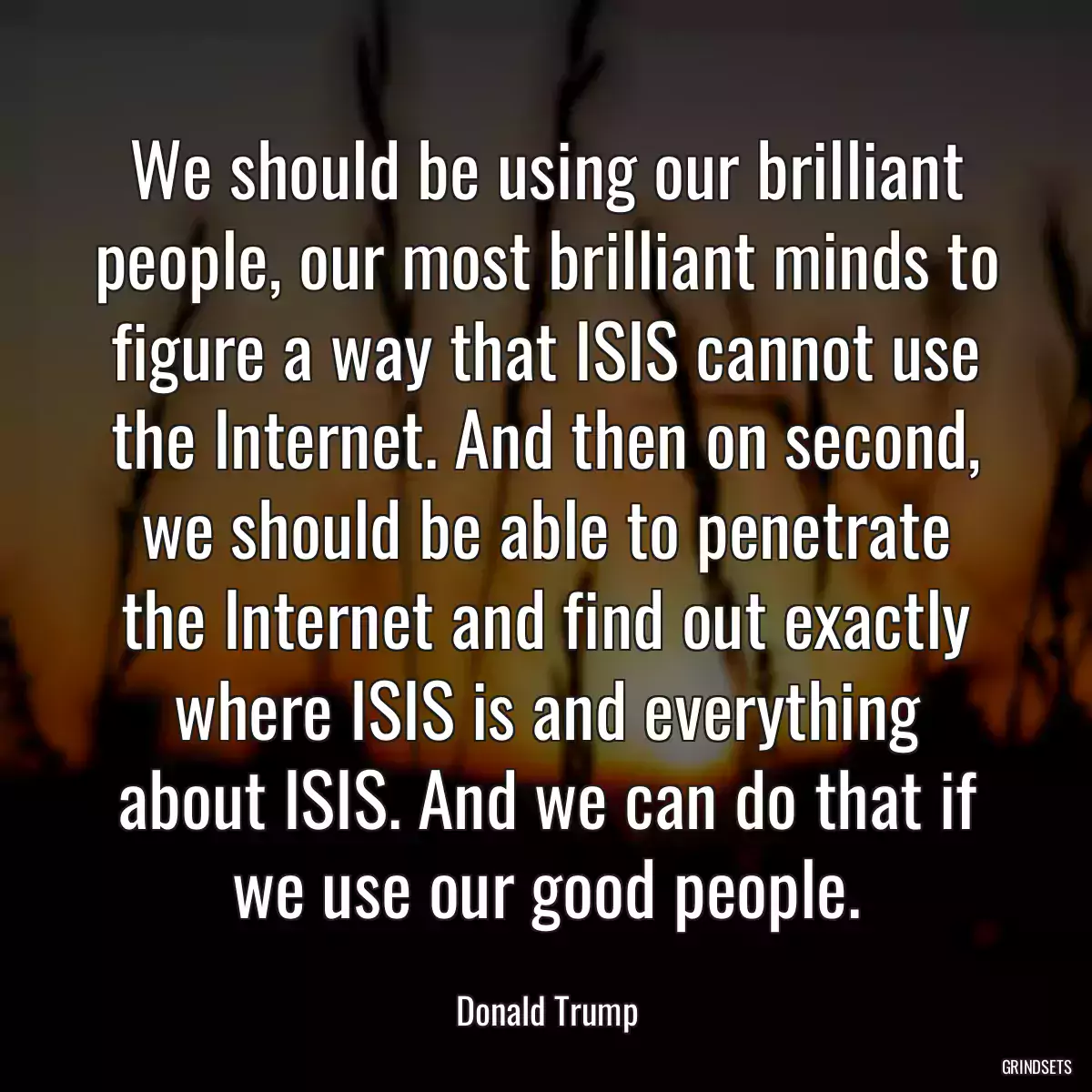 We should be using our brilliant people, our most brilliant minds to figure a way that ISIS cannot use the Internet. And then on second, we should be able to penetrate the Internet and find out exactly where ISIS is and everything about ISIS. And we can do that if we use our good people.