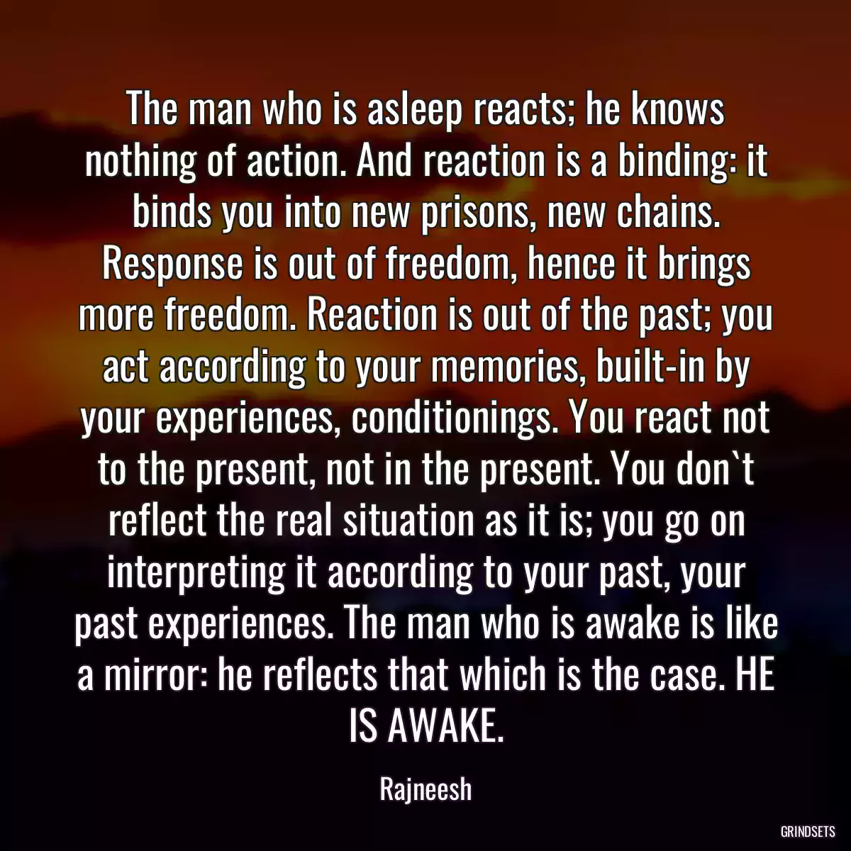 The man who is asleep reacts; he knows nothing of action. And reaction is a binding: it binds you into new prisons, new chains. Response is out of freedom, hence it brings more freedom. Reaction is out of the past; you act according to your memories, built-in by your experiences, conditionings. You react not to the present, not in the present. You don`t reflect the real situation as it is; you go on interpreting it according to your past, your past experiences. The man who is awake is like a mirror: he reflects that which is the case. HE IS AWAKE.