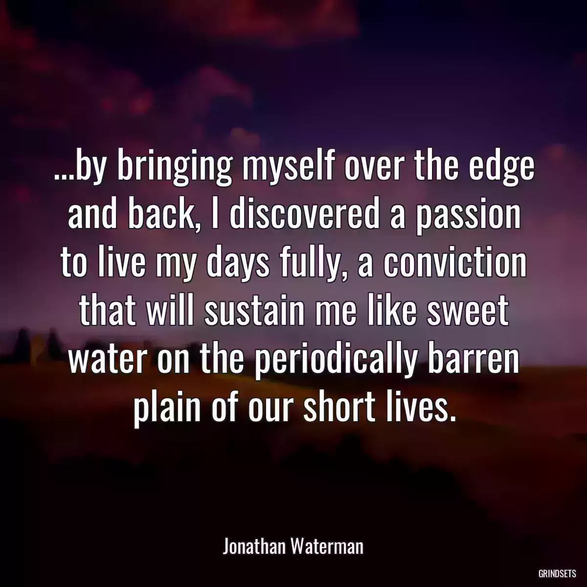 ...by bringing myself over the edge and back, I discovered a passion to live my days fully, a conviction that will sustain me like sweet water on the periodically barren plain of our short lives.