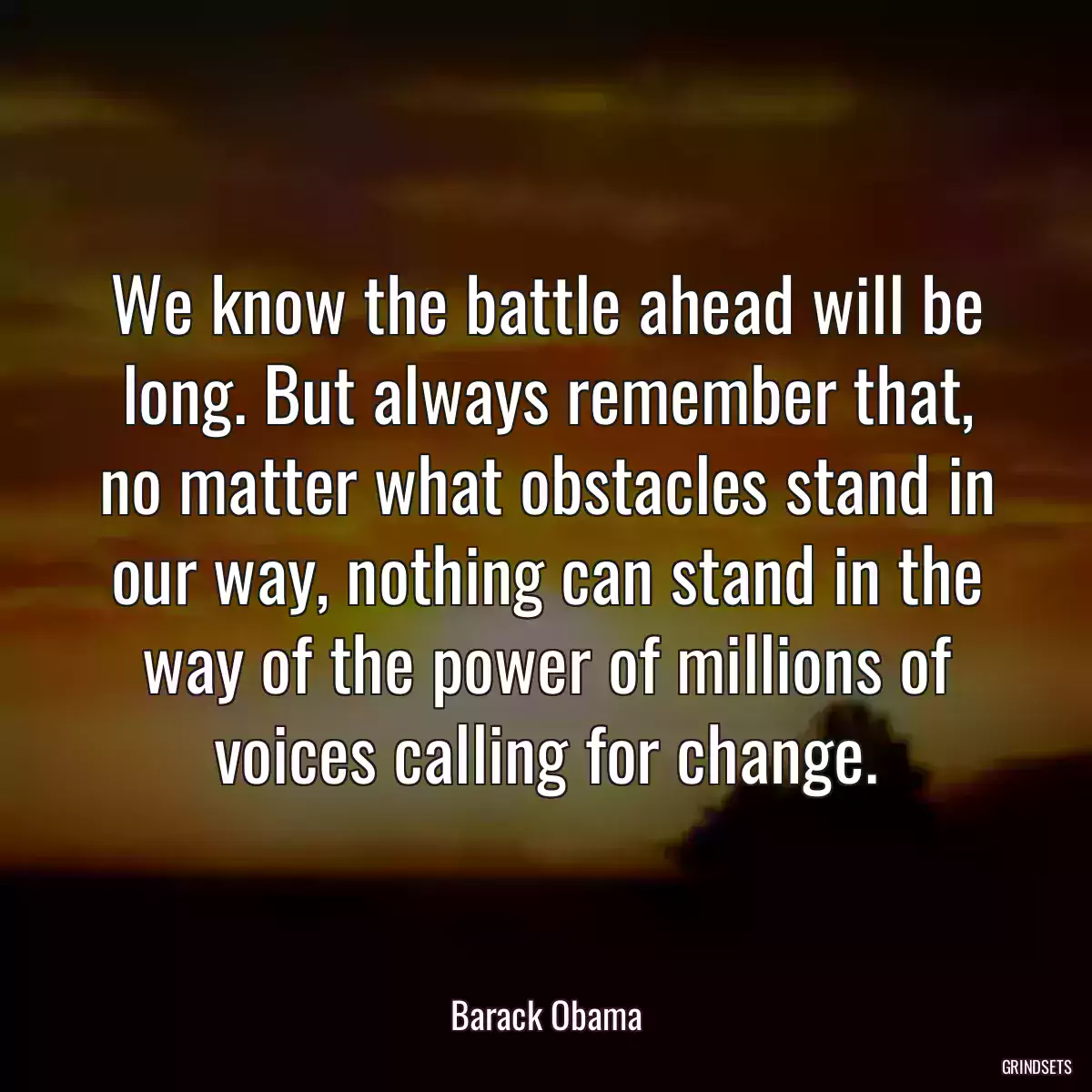 We know the battle ahead will be long. But always remember that, no matter what obstacles stand in our way, nothing can stand in the way of the power of millions of voices calling for change.