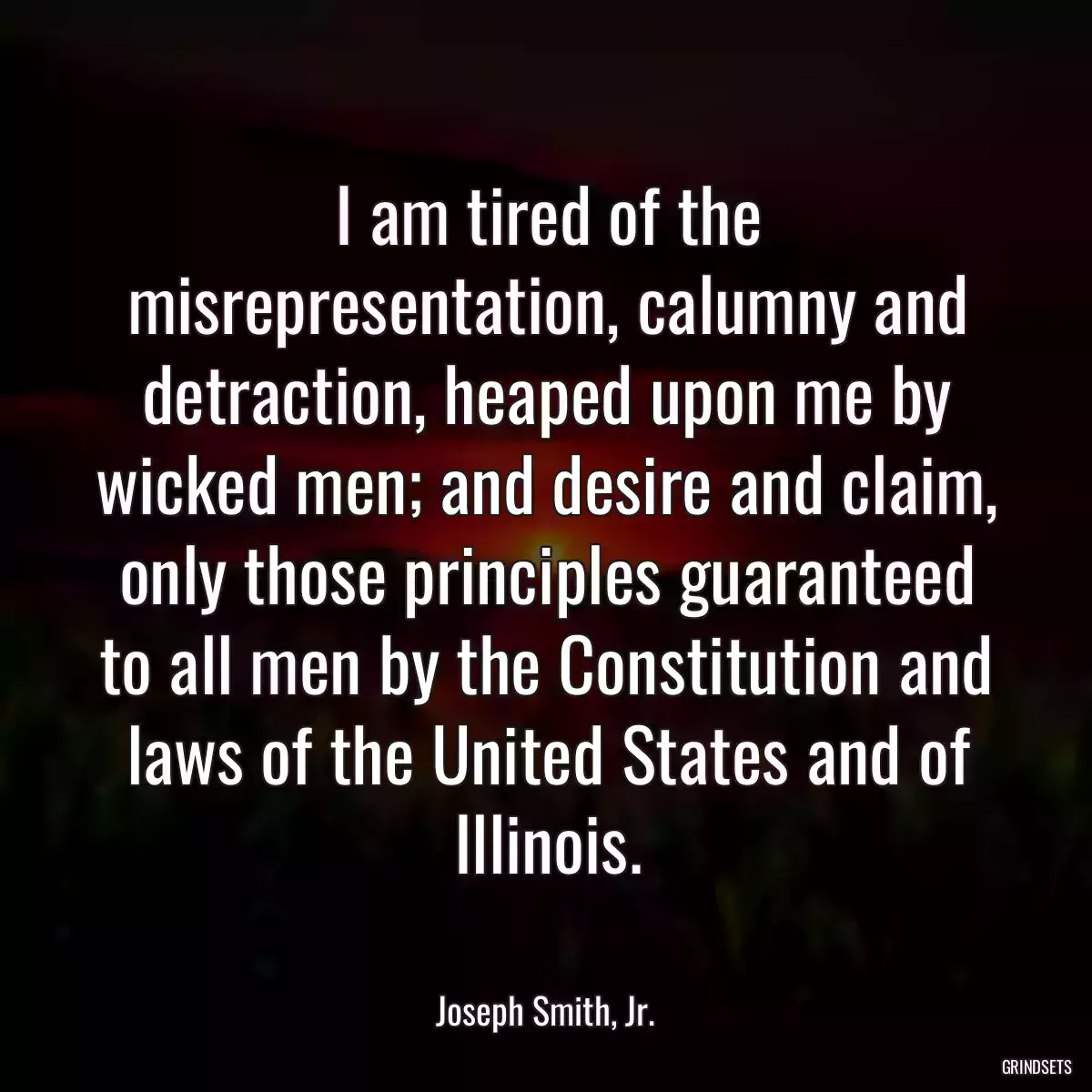 I am tired of the misrepresentation, calumny and detraction, heaped upon me by wicked men; and desire and claim, only those principles guaranteed to all men by the Constitution and laws of the United States and of Illinois.