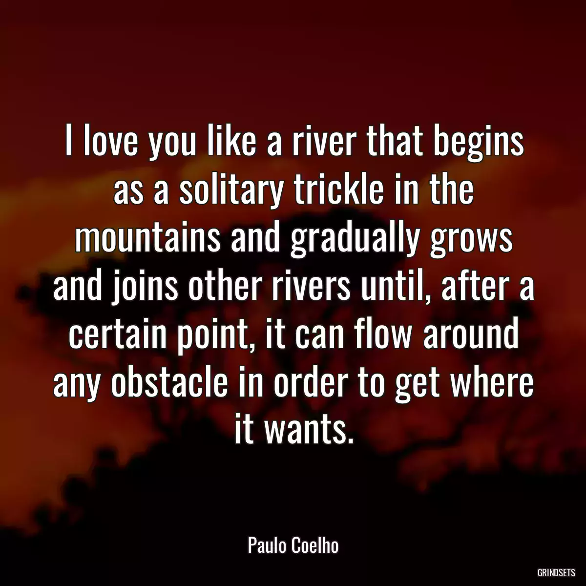 I love you like a river that begins as a solitary trickle in the mountains and gradually grows and joins other rivers until, after a certain point, it can flow around any obstacle in order to get where it wants.