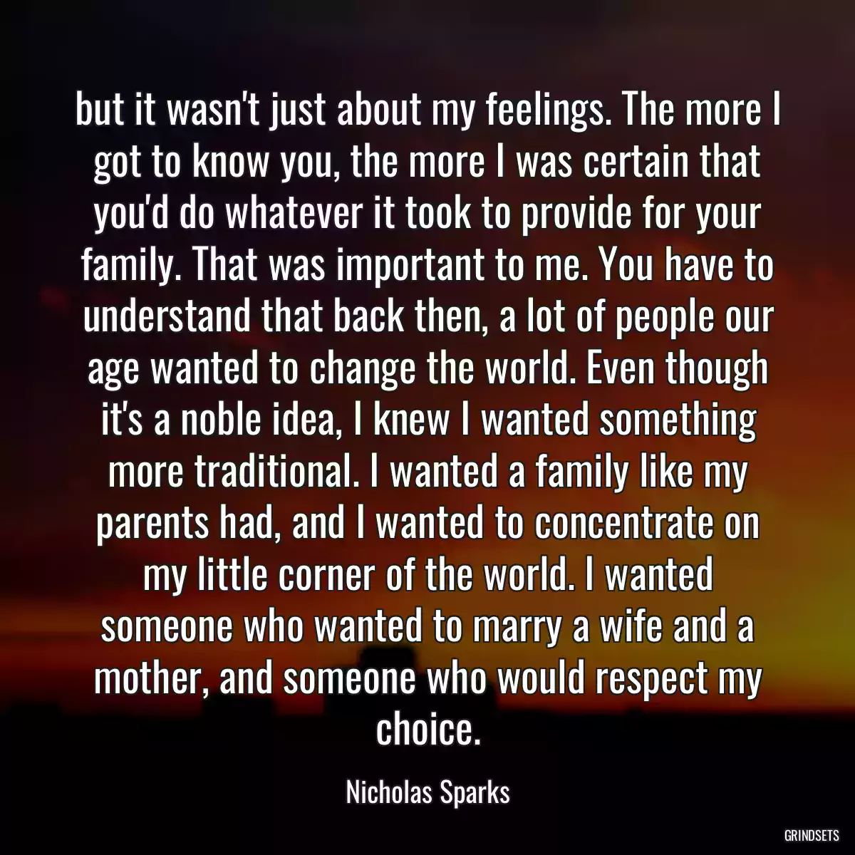 but it wasn\'t just about my feelings. The more I got to know you, the more I was certain that you\'d do whatever it took to provide for your family. That was important to me. You have to understand that back then, a lot of people our age wanted to change the world. Even though it\'s a noble idea, I knew I wanted something more traditional. I wanted a family like my parents had, and I wanted to concentrate on my little corner of the world. I wanted someone who wanted to marry a wife and a mother, and someone who would respect my choice.